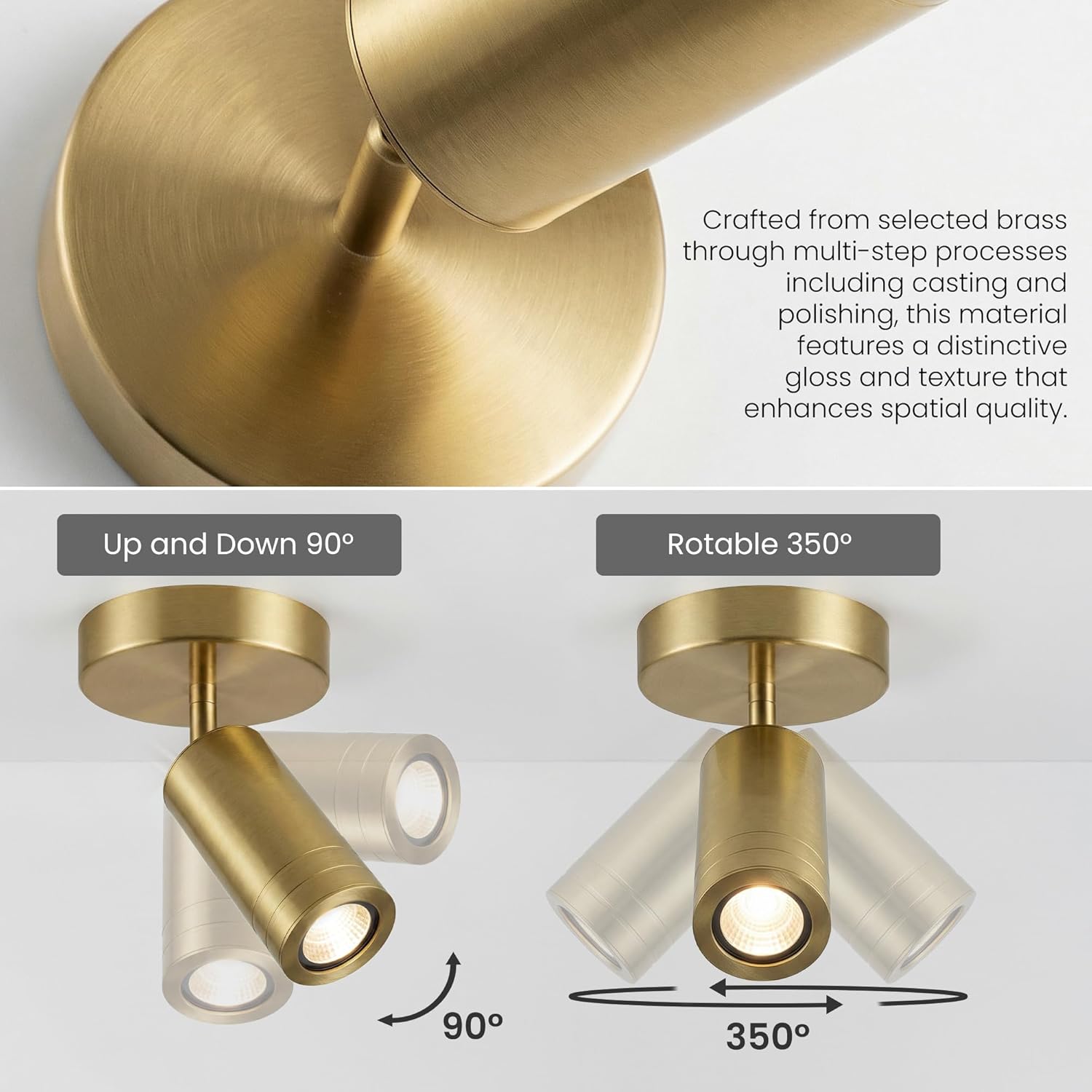 Solid Copper Gold Dimmable Ceiling Spotlight Indoor - Brushed Surface Light for Accentuating Wall Art, Creating Ambiance in Living Room & Bedroom, 9W GU10 3000K Warm White