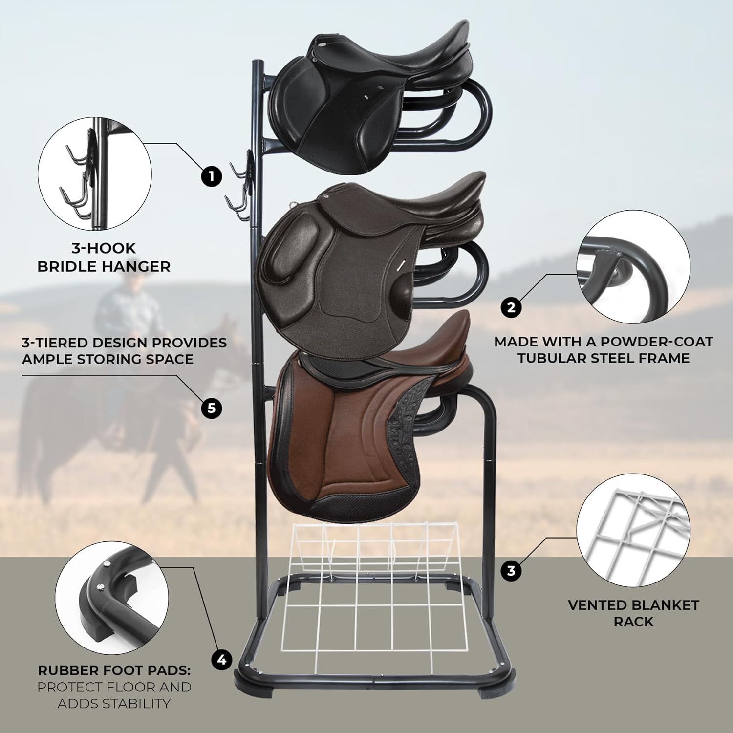 HOMESTEAD 3-Tier Saddle Rack - Horse Saddle Stand Rotating Tiers, Bridle Rack, Hooks for English & Western Saddle, Tack Room