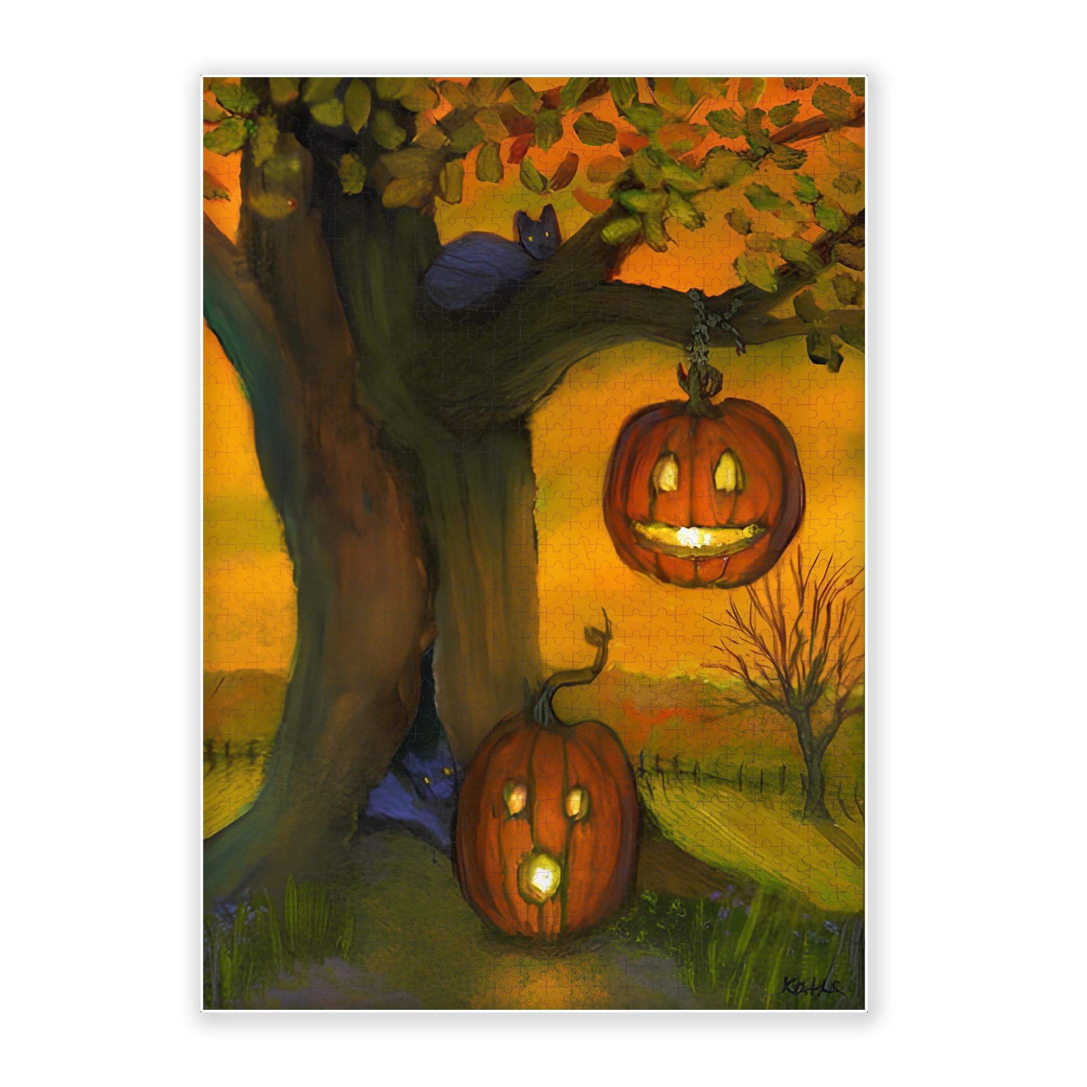 1000-Piece Adult Wood Jigsaw Puzzle, Halloween Jack O Lantern Black Cat Autumn Tree Oil Art, High-Difficulty, Stress-Relieving Family Activity, Home Decor, Eco-Friendly, 29.5x19.7in
