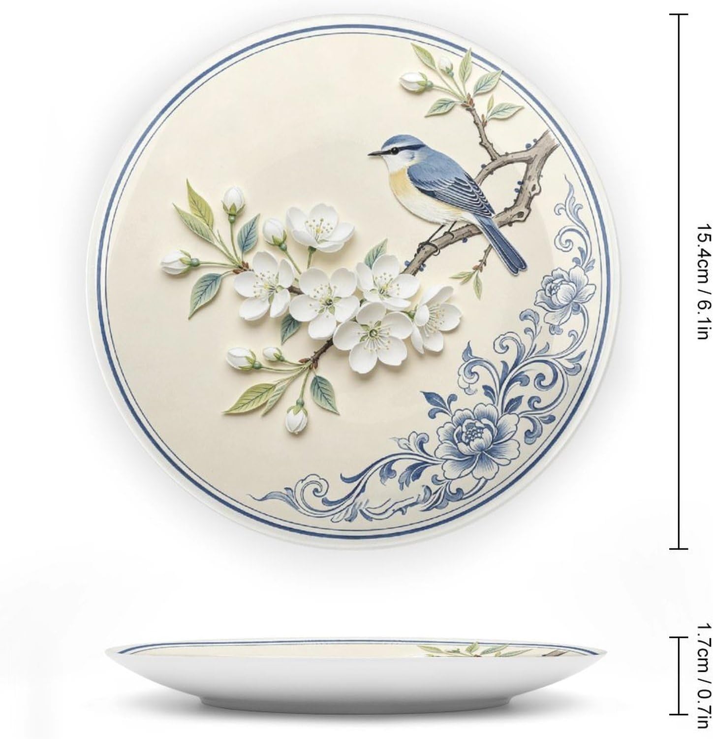 Blue-and-White Bone China Plate, Bluebird on Blooming Branch Floral Pattern Bedroom Decor Bone China Decorative Plate, 6inch Wall Art Home Decor