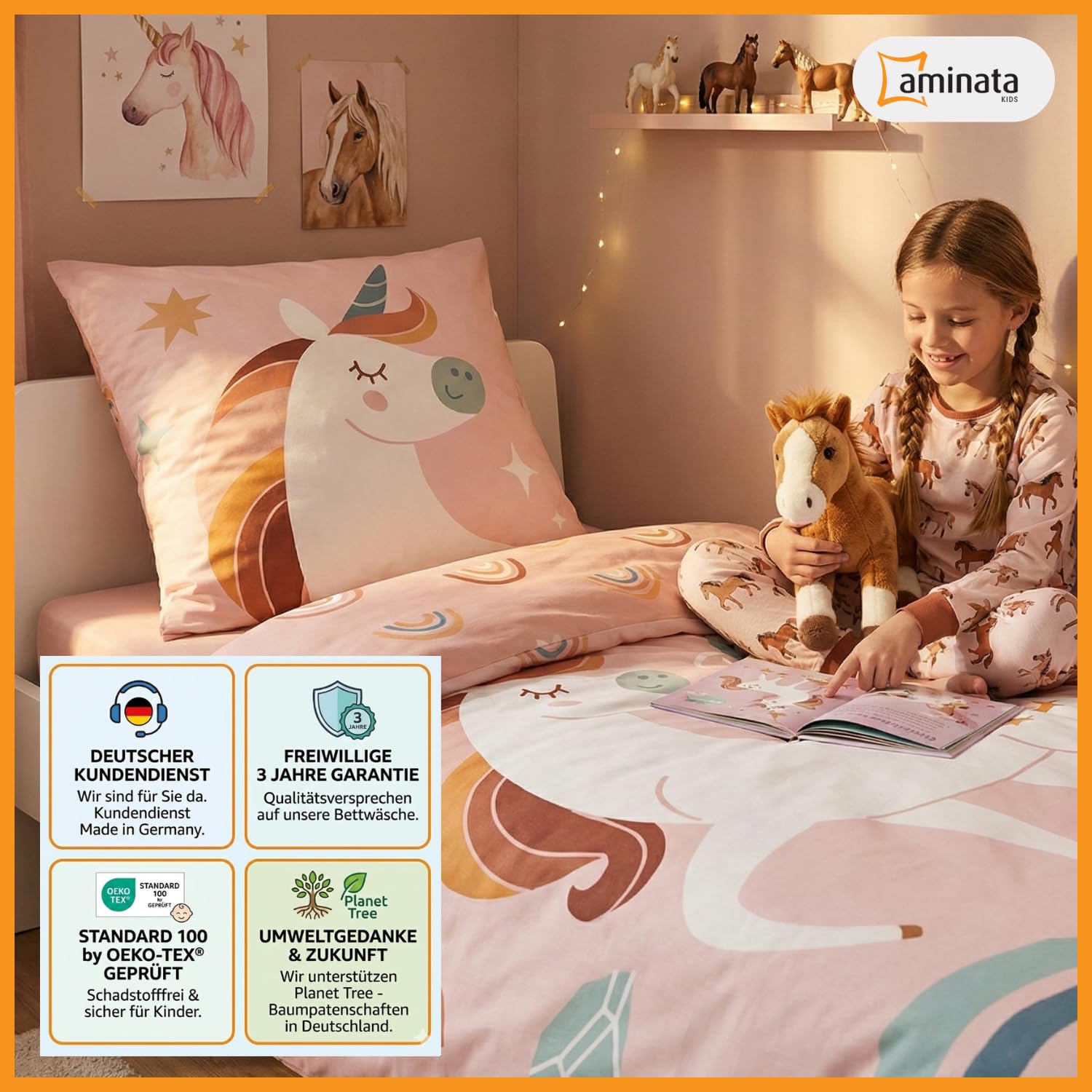 Aminata kids Bettwäsche 135x200 Biber Einhorn 100% Baumwolle Rosa