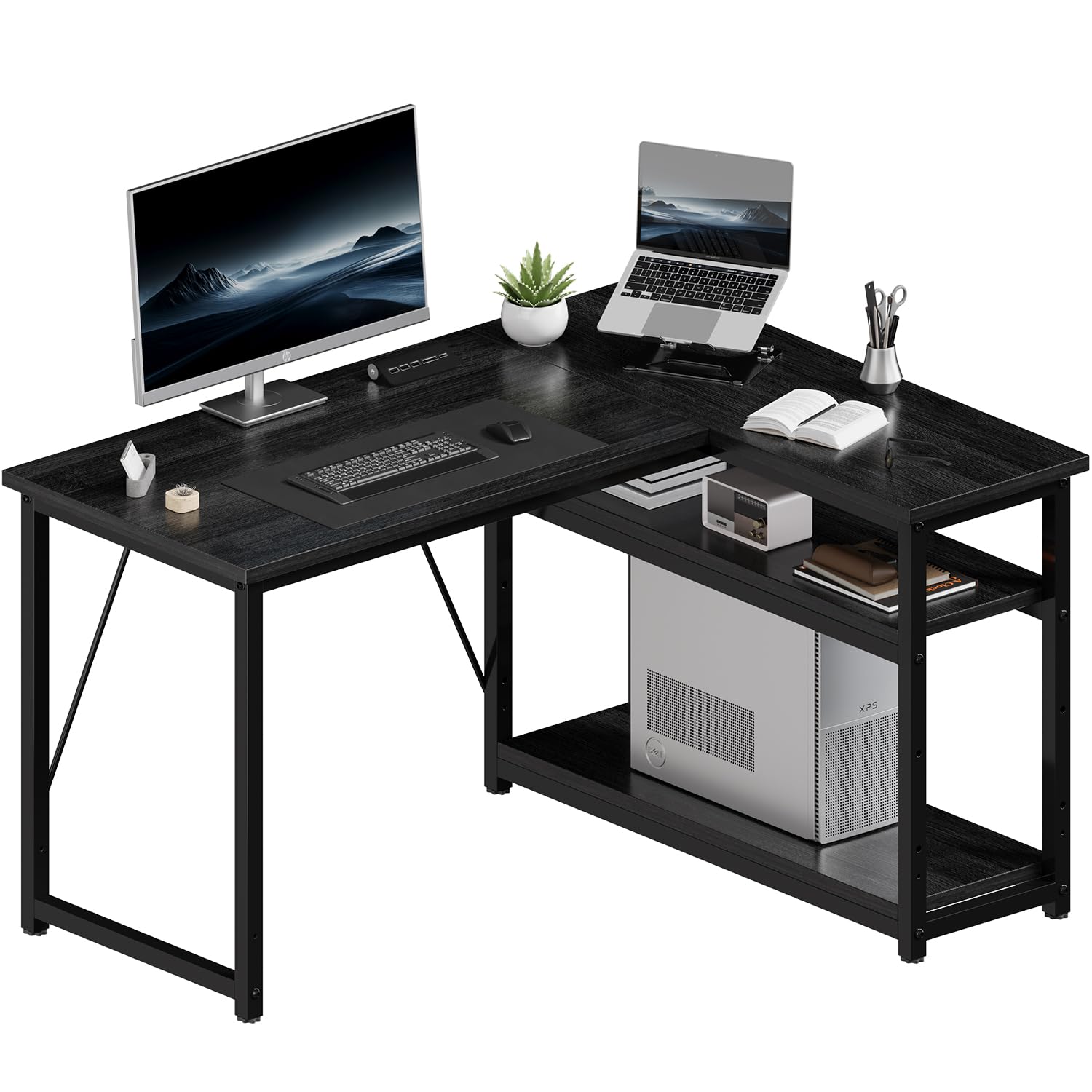 JUMMICO Small 100x80cm L-Shaped Corner Desk with Storage,Compact Corner Computer Desk for Home Office, Black