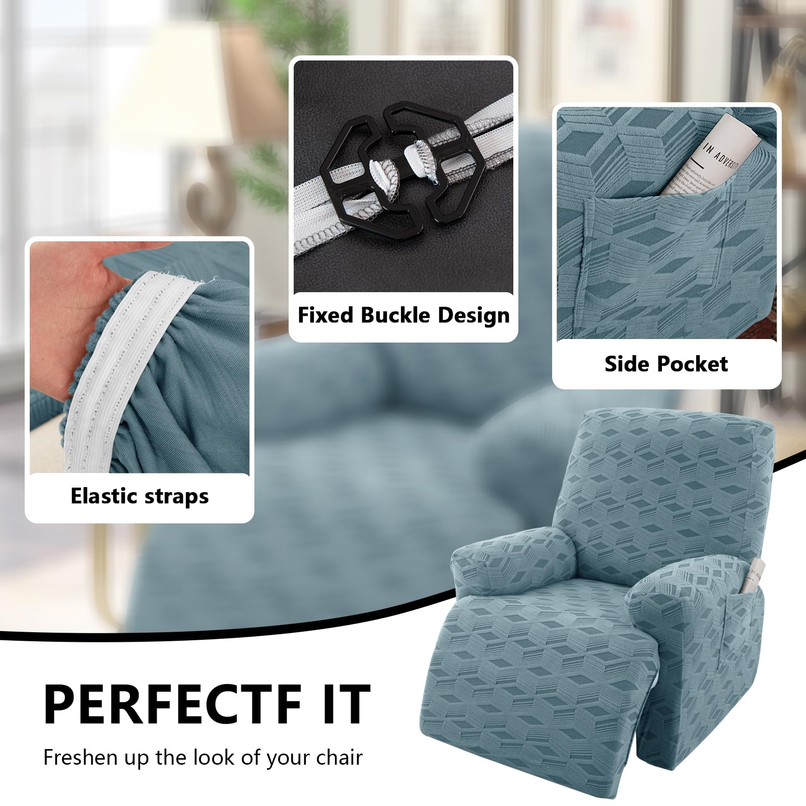 OKYUK Fundas para sillas reclinables, Funda elástica de Jacquard reclinable, Protector de Muebles para niños y Mascotas, Fundas Antideslizantes para reclinables con Bolsillos Laterales para