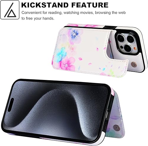 Miniatura 5 de HAOPINSH Funda tipo cartera para iPhone 15 Pro Max con soporte para tarjetas, diseño de flores pálidas en la parte trasera, de piel sintética, con