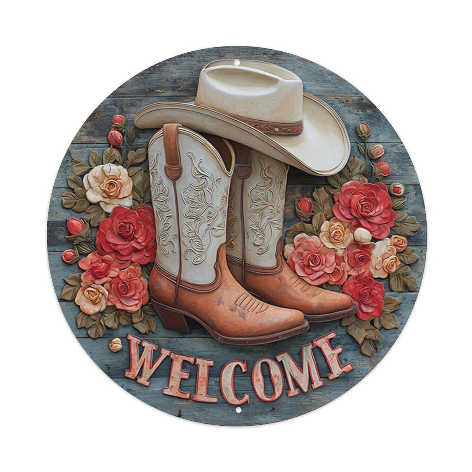 Cowboy Boots Hat Floral Welcome Tin Sign Metal Poster Vintage Metal Signs for Home Man Cave Bar Cafe Kitchen laundry room Wall Decorations 8x8 inches