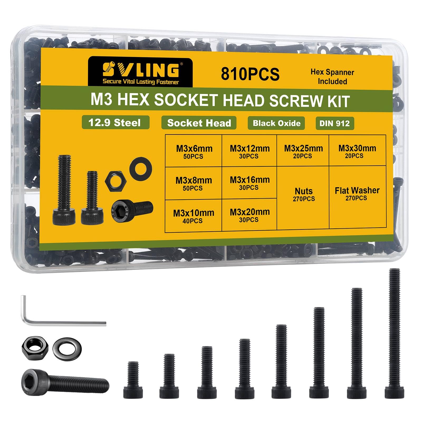 810Pcs M3 Screws Assortment Kit,Hex Socket Head Cap Screws Bolts Nuts Washer Set,12.9 Grade Alloy Steel,Black Oxide M3 x 6/8/10/12/16/20/25/30mm,for 3D Printer,DIY Project