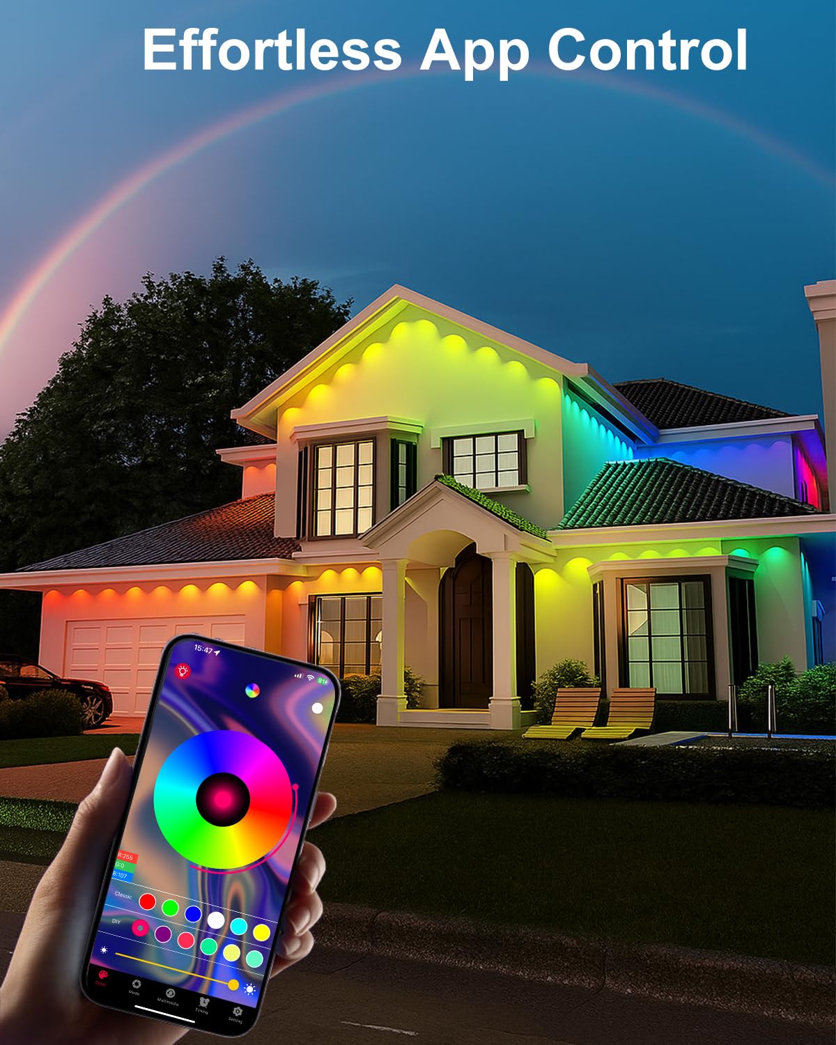60m Permanente Außenbeleuchtung, RGBIC LED Lichterkette Weihnachtsbeleuchtung Aussen App und Fernbedienung, 250 Szenenmodi, Musik Sync + Timer, IP67 Wasserdicht für Weihnachtsdeko Dach Garten Täglich