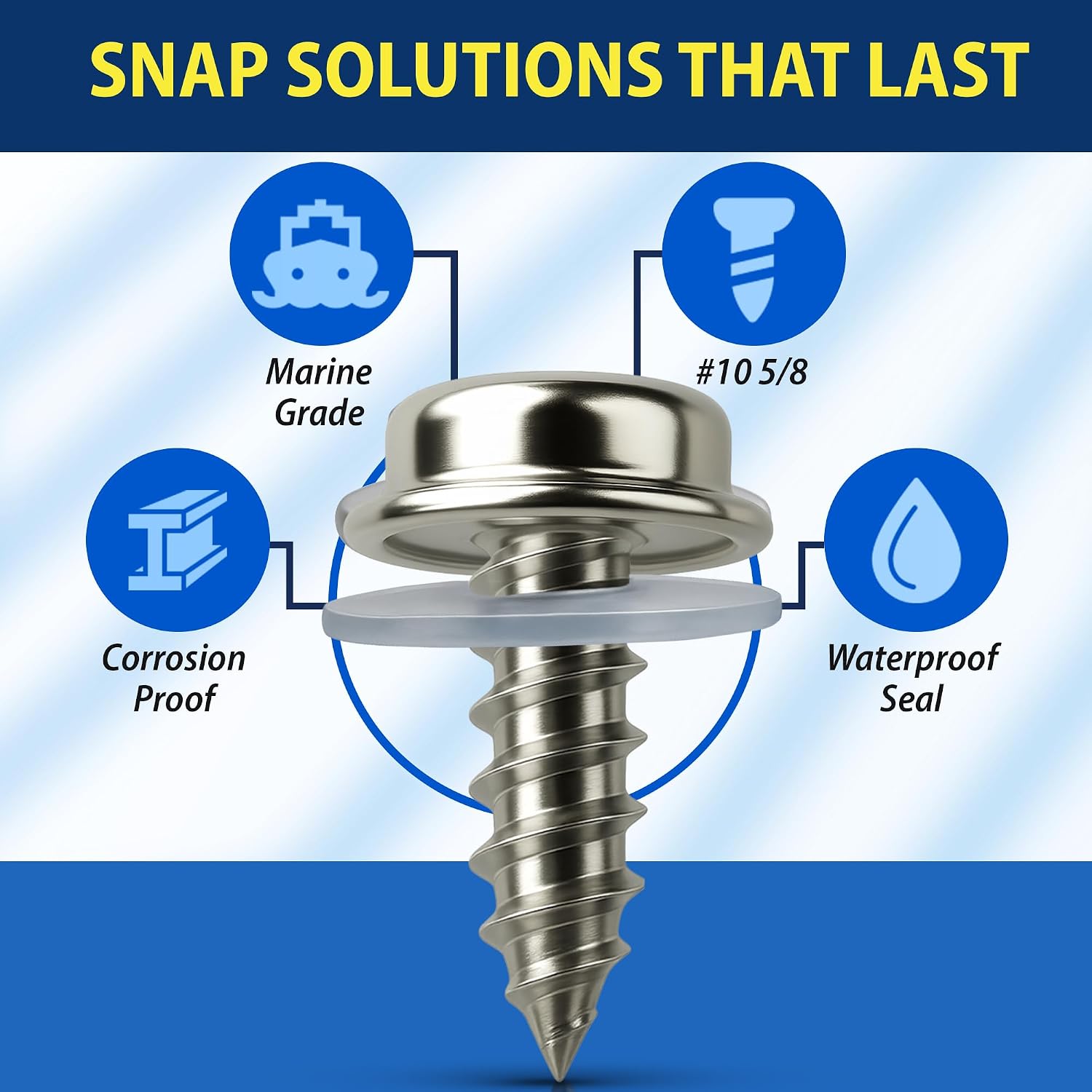 EZ-Xtend Stainless Steel Screws Marine Grade Boat Cover Snaps 5/8" #10 Big Hole Snap Button Kit Includes 10 pcs Screw in Snap Fasteners and 10 Flex Clear PVC Vinyl Backing Washers Boat Canvas Snaps