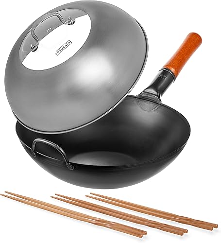YOSUKATA Sartén wok de acero al carbono – Sartenes para freír de 13.5 pulgadas – Wok chino con pow de fondo plano + tapa de wok de 12.8 pulgadas +