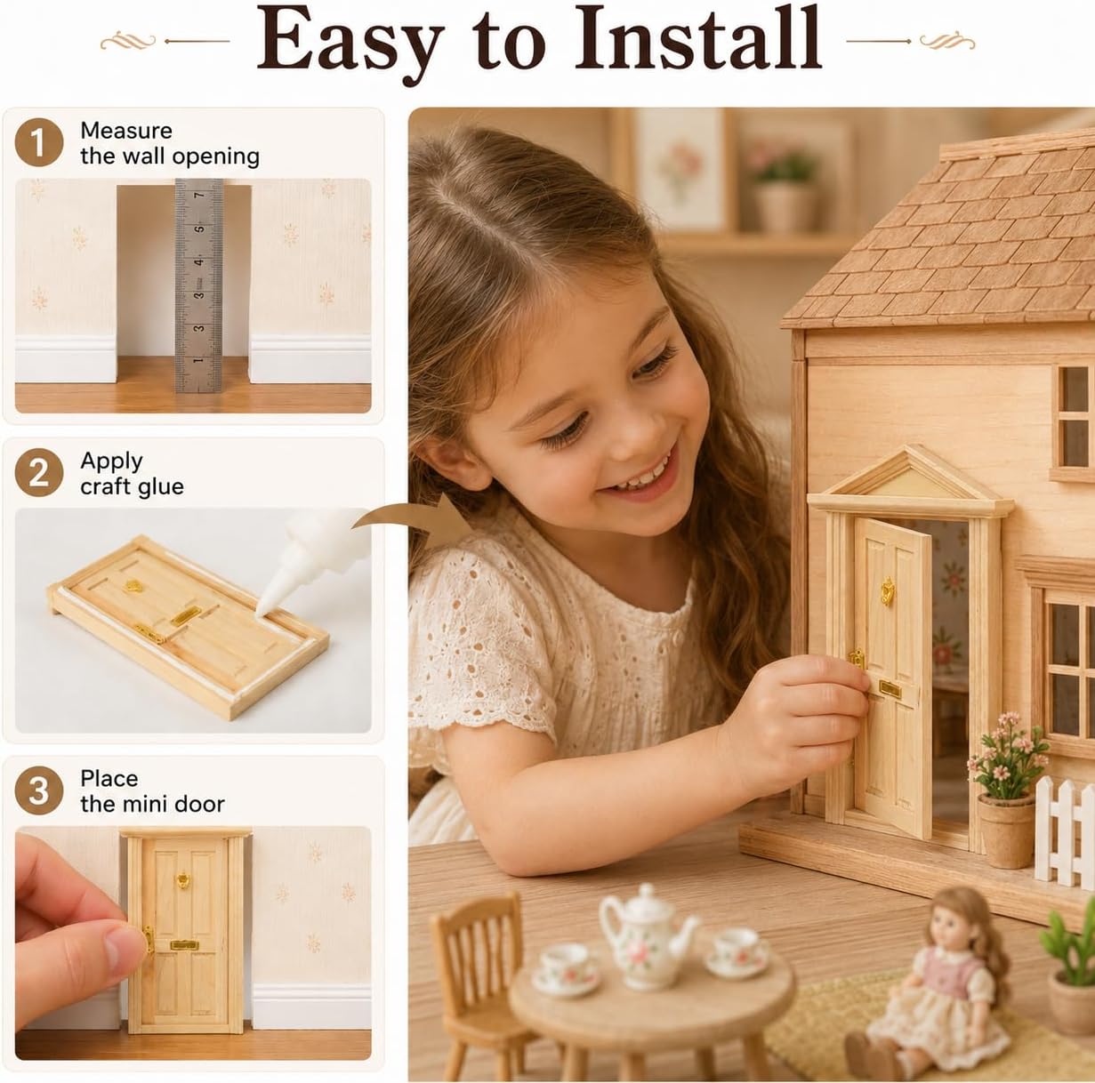 Dollhouse Door, 1:12 Scale Mini Door Fits Wooden Dollhouse Furniture, Unpainted Wooden Doors for DIY Scene Doll Home Craft (6.88 * 4.09in