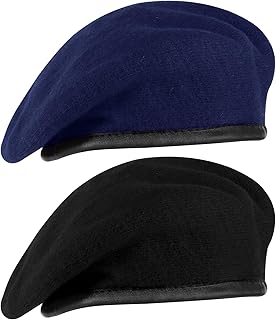 2 Pcs Military Beret Hat Men Wool Adjustable Army Beret with Leather Trim Vintage for Men Women