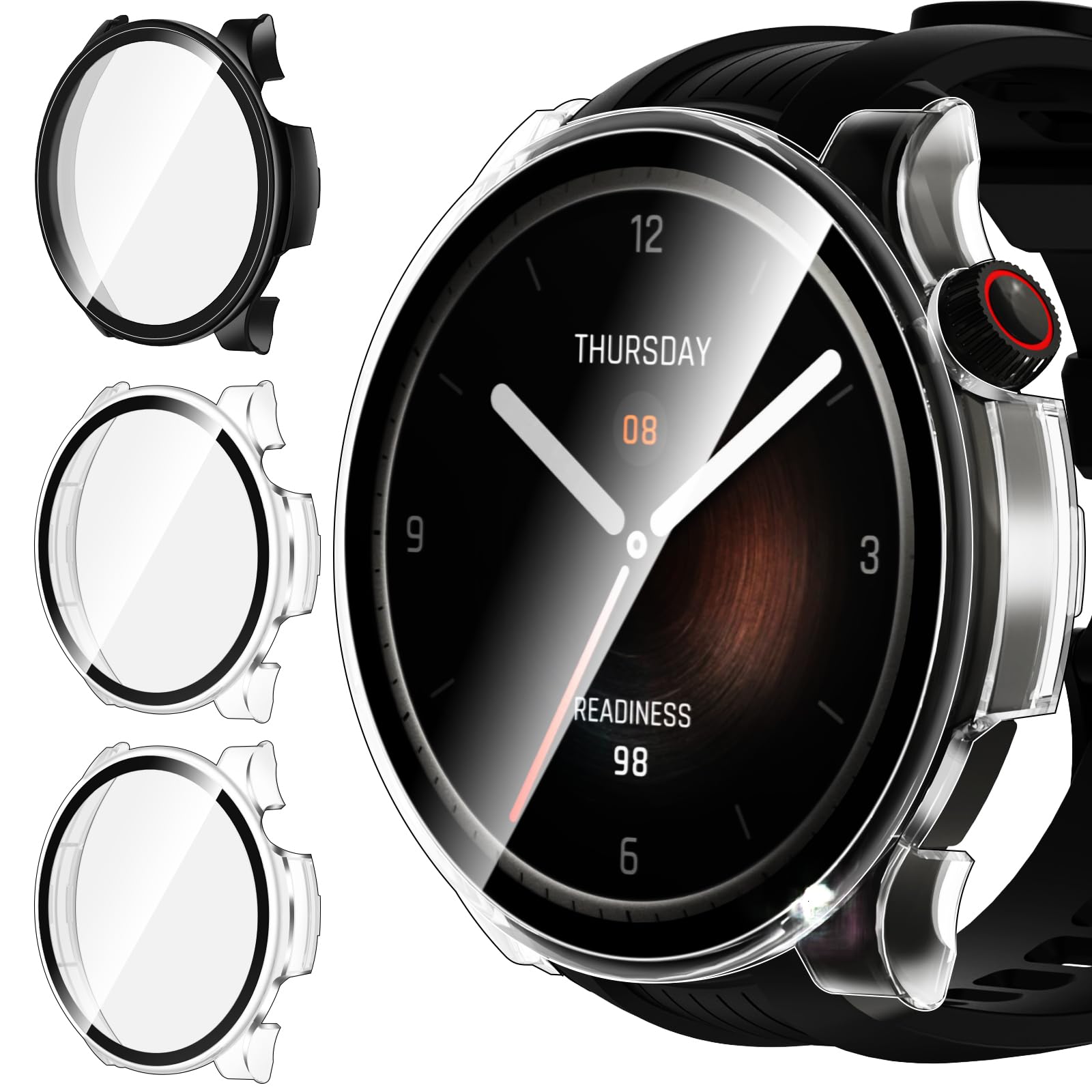 ivoler Funda para Amazfit Watch Protectora Todo Incluido, [3 Piezas] [PC Vidrio Templado] [Anti-Rasguños] Cáscara Protectora para Amazfit Balance - 2 Transparente + 1 Negro