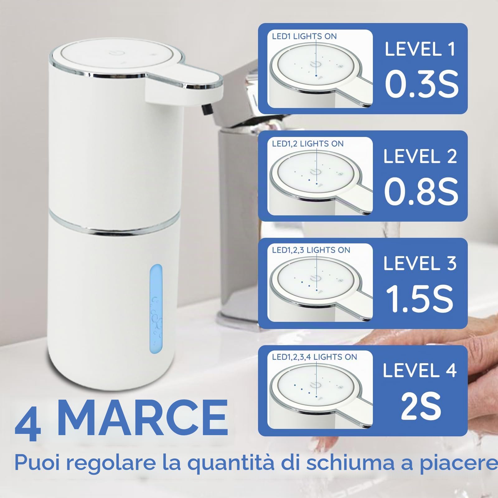 Dispenser Sapone Bagno, 400ml Dispenser Sapone Automatico, Erogatore Sapone Liquido, Senza Contatto, Ricaricabile Tramite Usb, Con 4 Livelli Di Regolazione, Per Bagno, Cucina E Hotel (Nero)