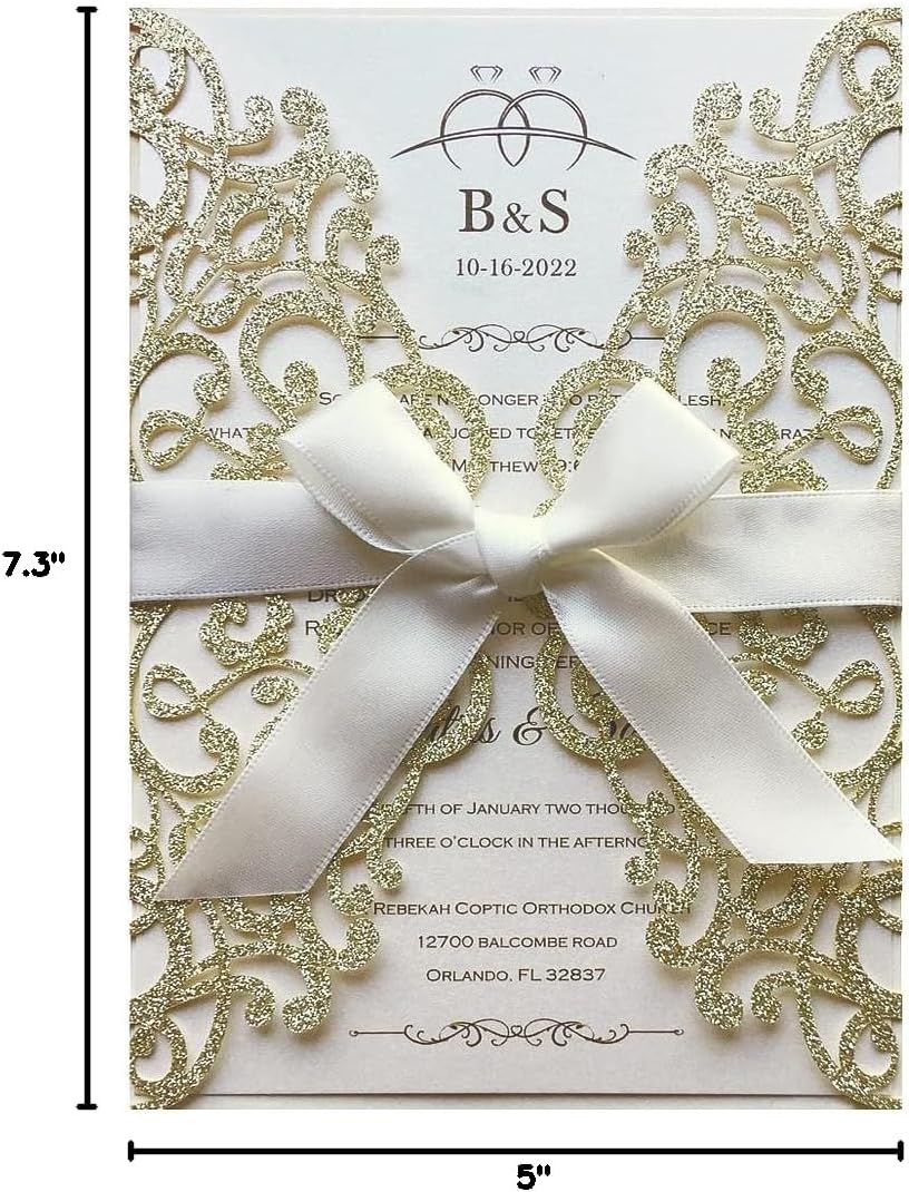 5.12x7.28 Inch 50PCS Blank Champagne Glitter Wedding Invitations Kit Laser Cut Hollow Flora Pocket Quinceanera Invitation Cards with Envelopes for Wedding Birthday Invite