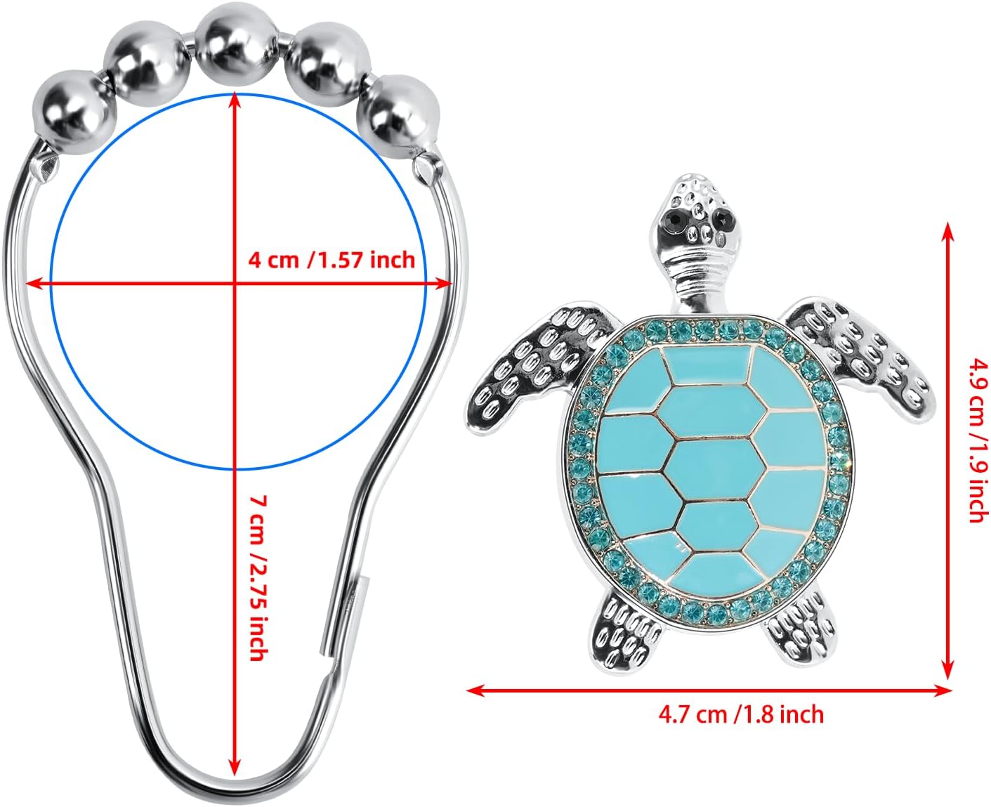 Vertical Blue Sea Turtle Decorative Shower Curtain Hooks Set,12 PCS,Roller Ball, Stainless Steel,Cute Ocean Animal Decor, Beach Shower Rings,Rustproof,for Bathroom, Turquoise Blue & Silver