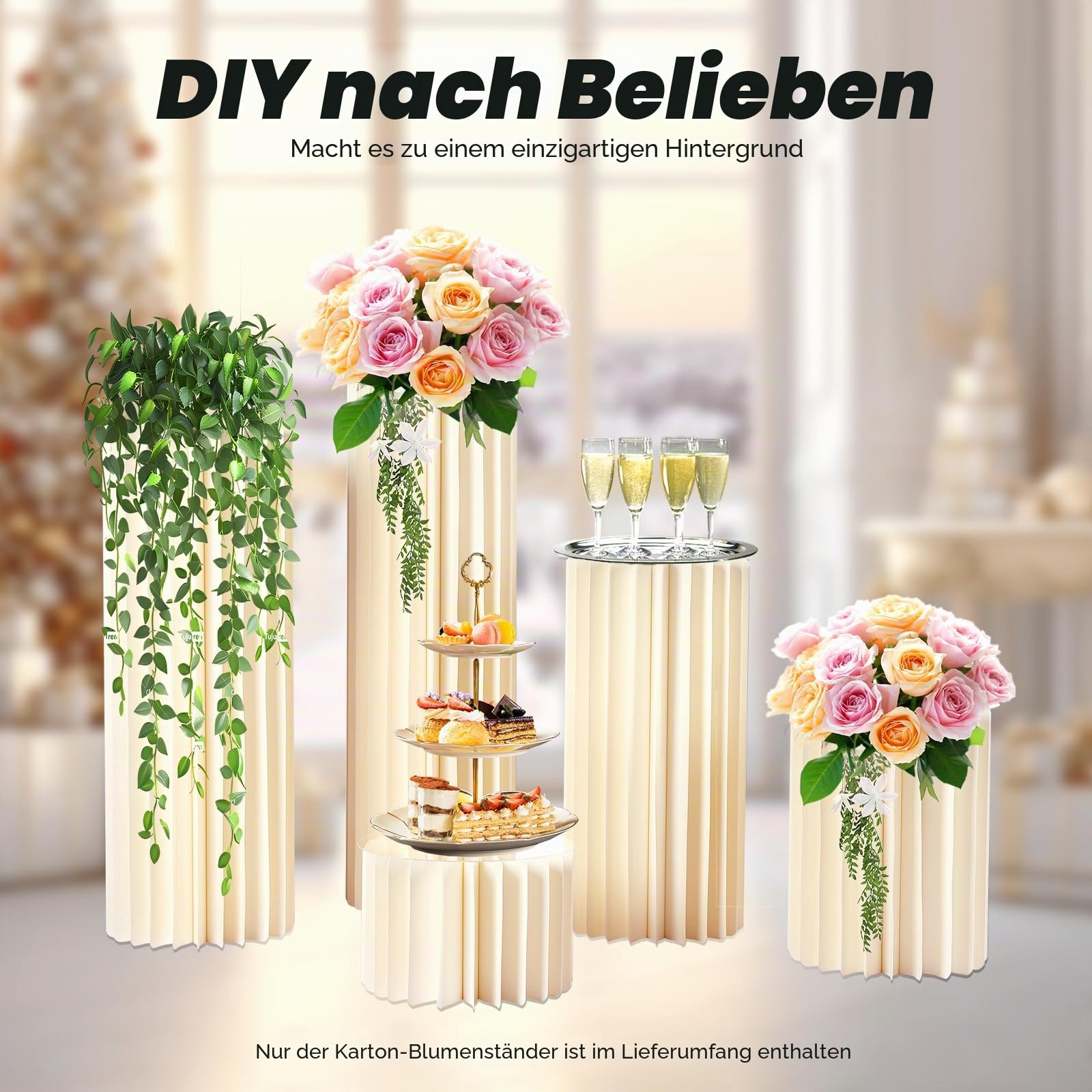 MINRS 5 Stücken Hochzeit Karton Blumensäule Vasen Faltbarer Tafelaufsatz aus Karton, Säulen-Display mit Acryldeckel, Faltbarer Blumenständer Dekosäule für Hochzeit, Party, Garten