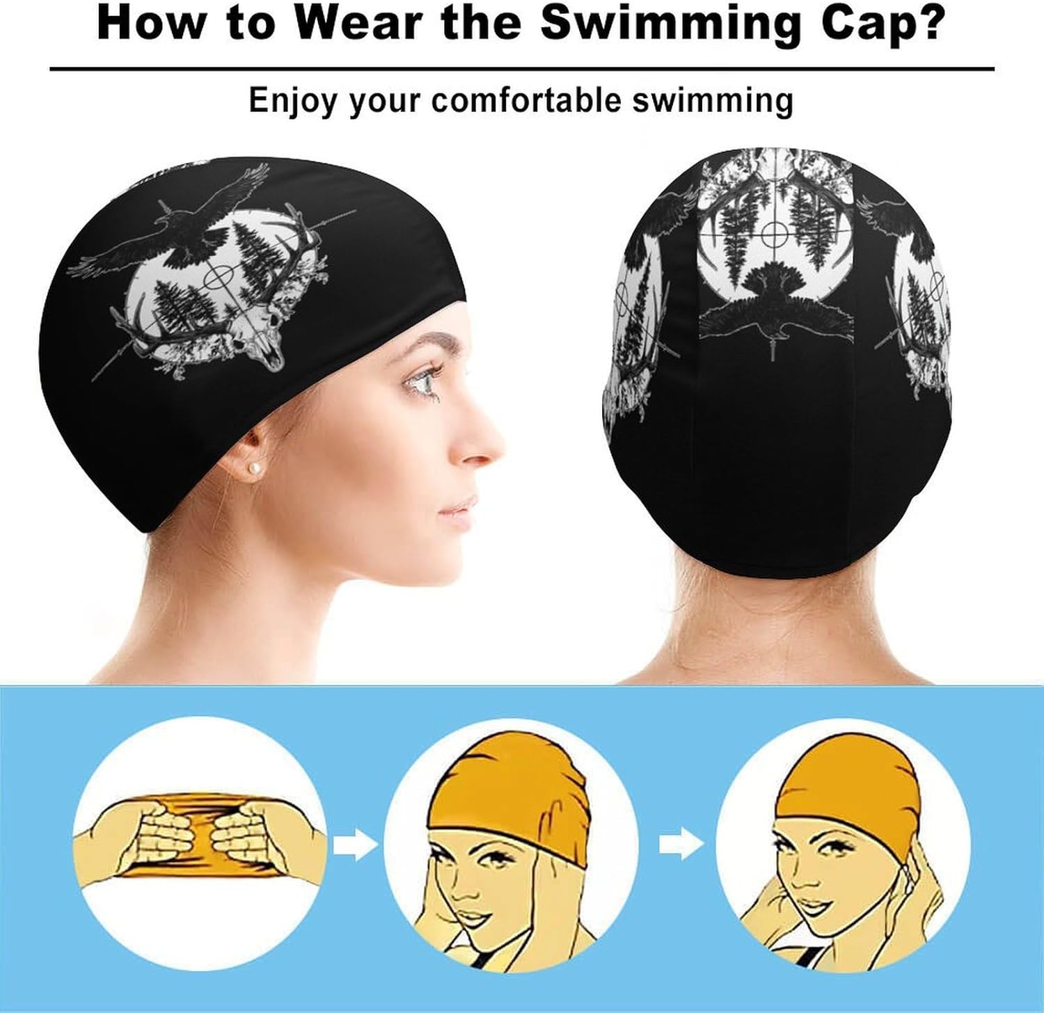Hunting Deer Hunt Ravens Skull Womens Swim Cap for Men Adult Swimming Hat Curly Short Medium Long Hair