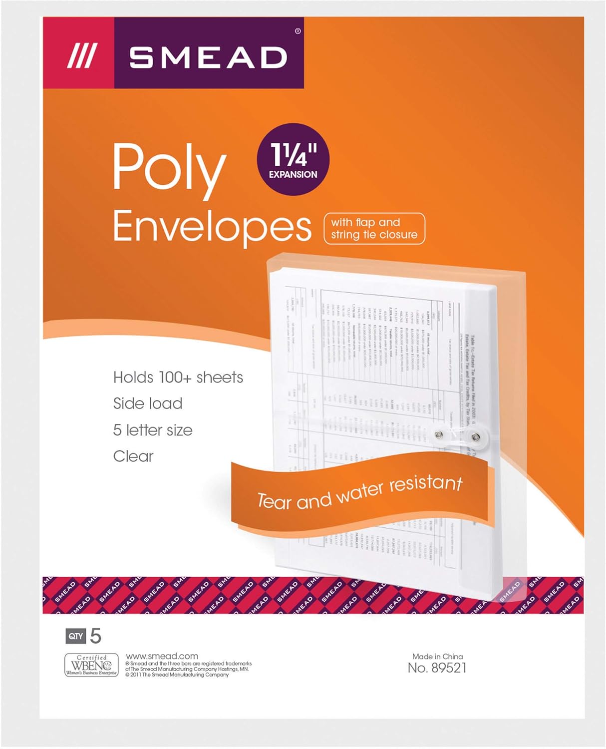 Smead Poly Envelope, 1-1/4" Expansion, String-Tie Closure, Side Load, Letter Size, Clear, 5 per Pack (89521) : Filing Envelopes : Office Products