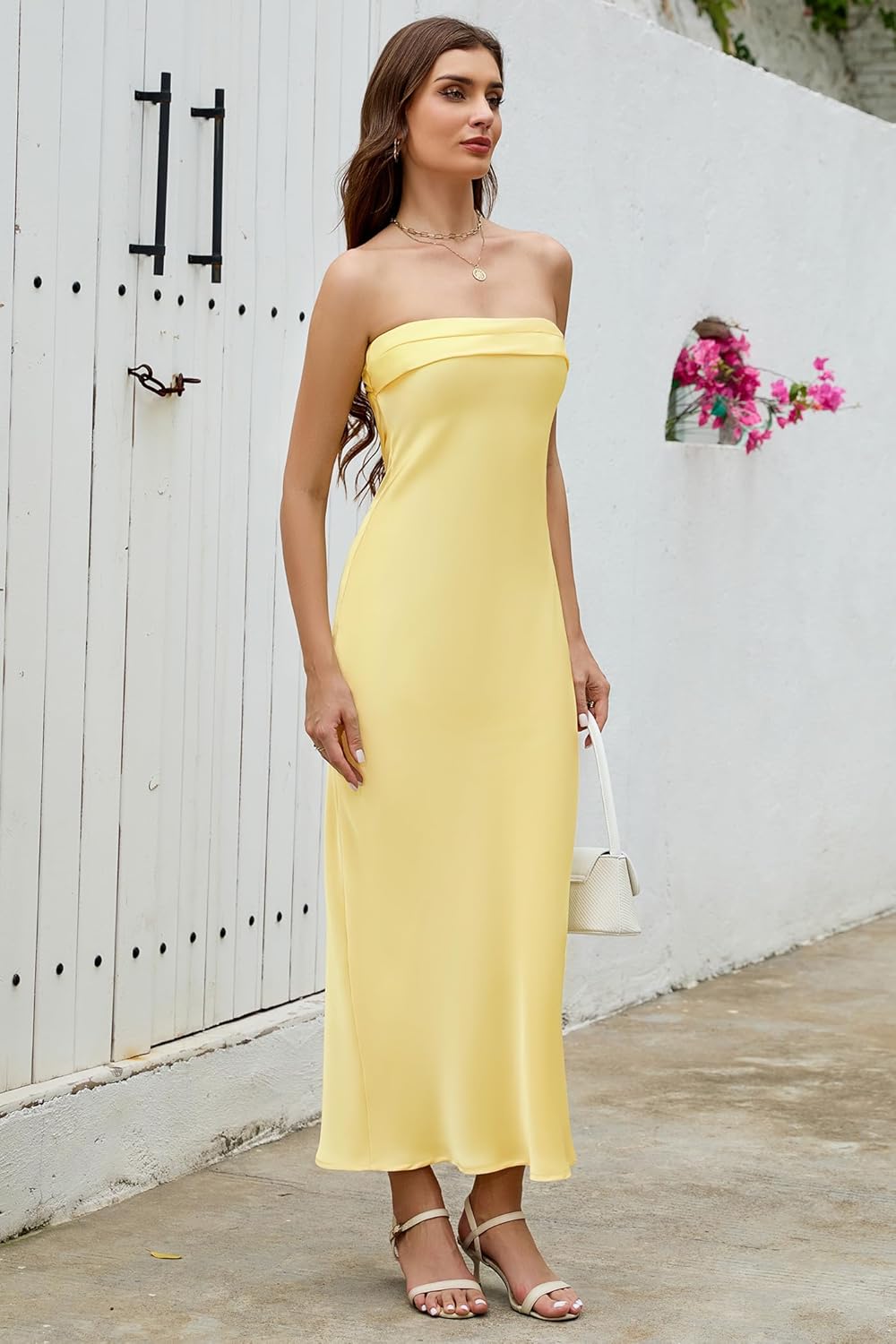 Womens 2025 Satin Strapless Dress Tube Backless Elegant Bodycon Long Formal Silk Wedding Guest Maxi Dresses - Image 4