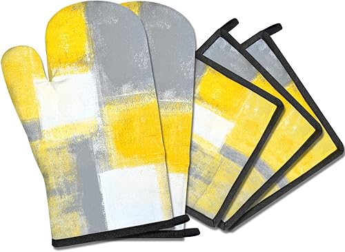 Miniatura 1 de MCALK Juego de 5 guantes amarillos para horno y soportes para ollas, guantes de horno grises y almohadillas calientes para cocina de cocina,
