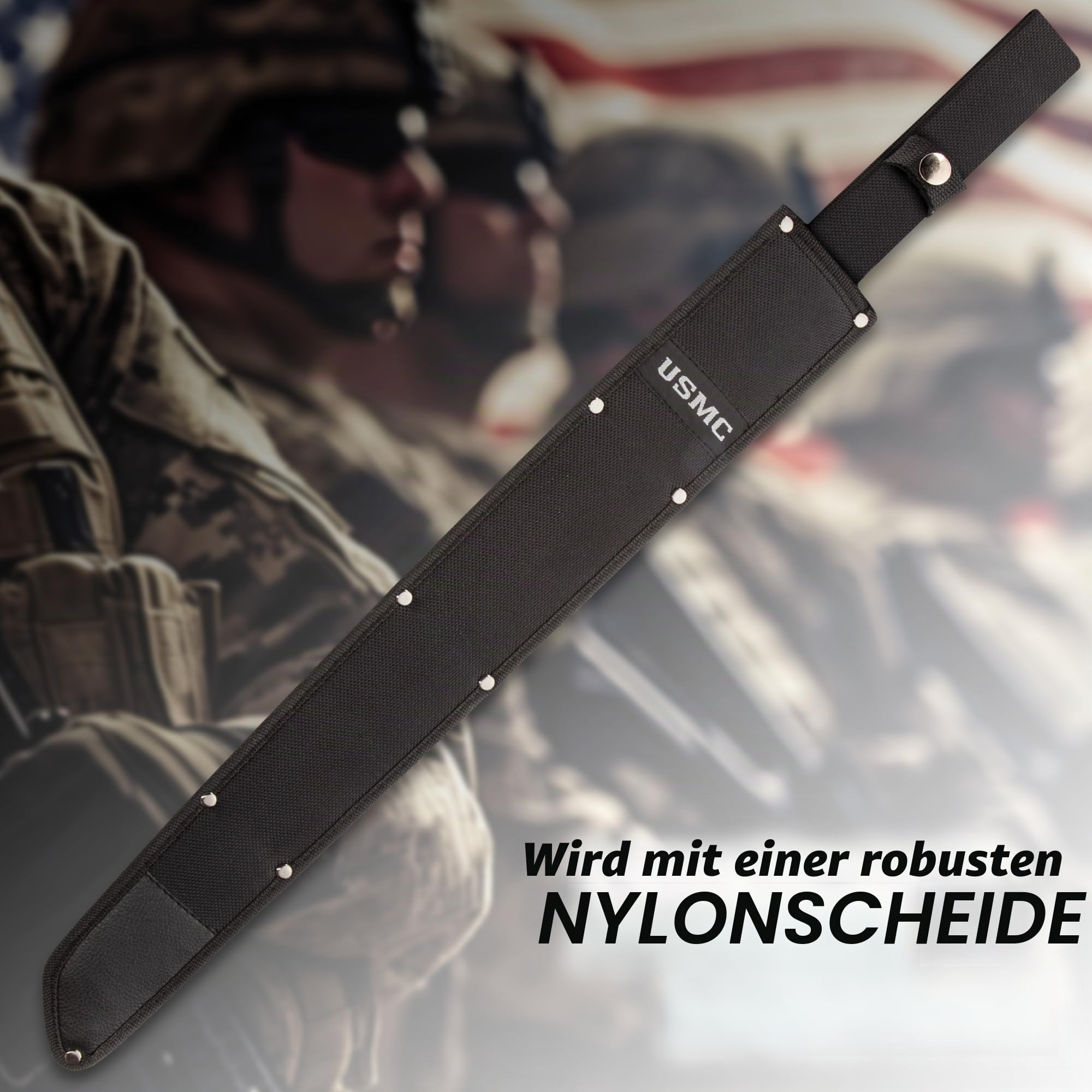 USMC Blackout Combat Tanto Schwert mit Nylonscheide, AUS-6 Edelstahl-Tanto-Klinge, gummierter spritzgegossener Griff, strukturierter Griff, 69 cm Länge, Battle Gear Ready