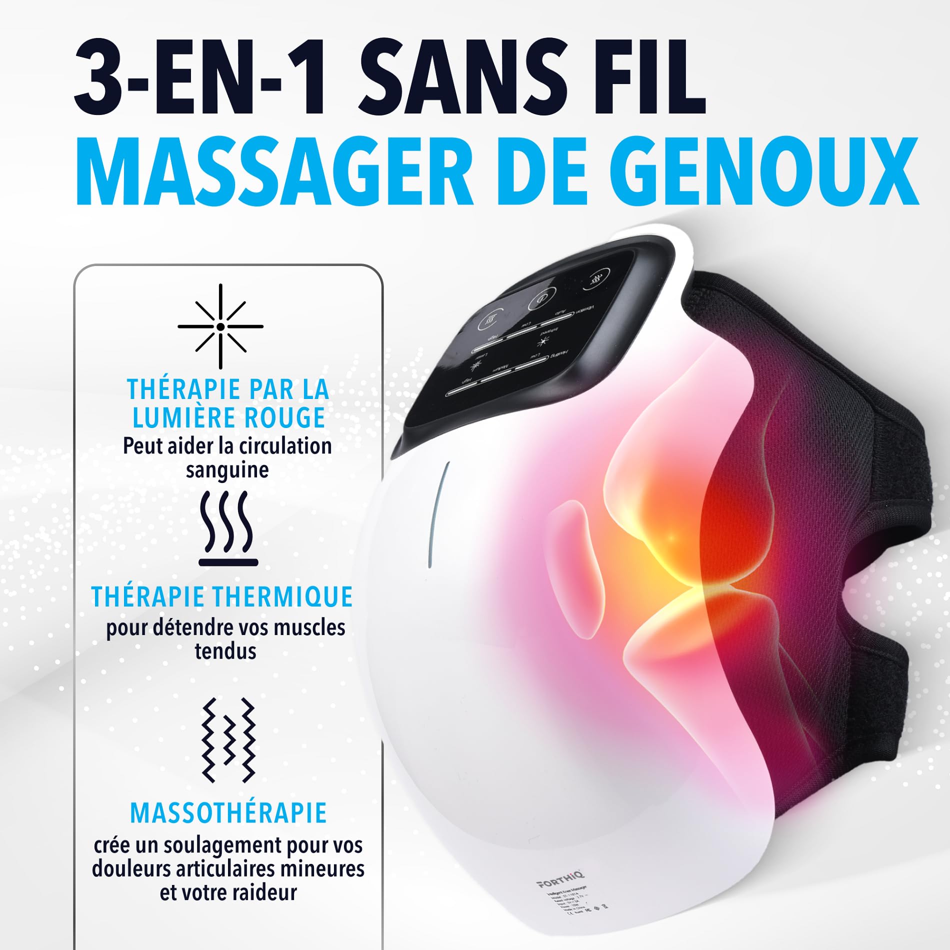 FORTHiQ Masseur de Genou Sans Fil, Soulage la Douleur Articulaire par Chaleur Infrarouge, Thérapie Laser et Vibratoire pour l'Arthrite, Gonflement, Tension, Étirement Ligamentaire, Blessure Musculaire