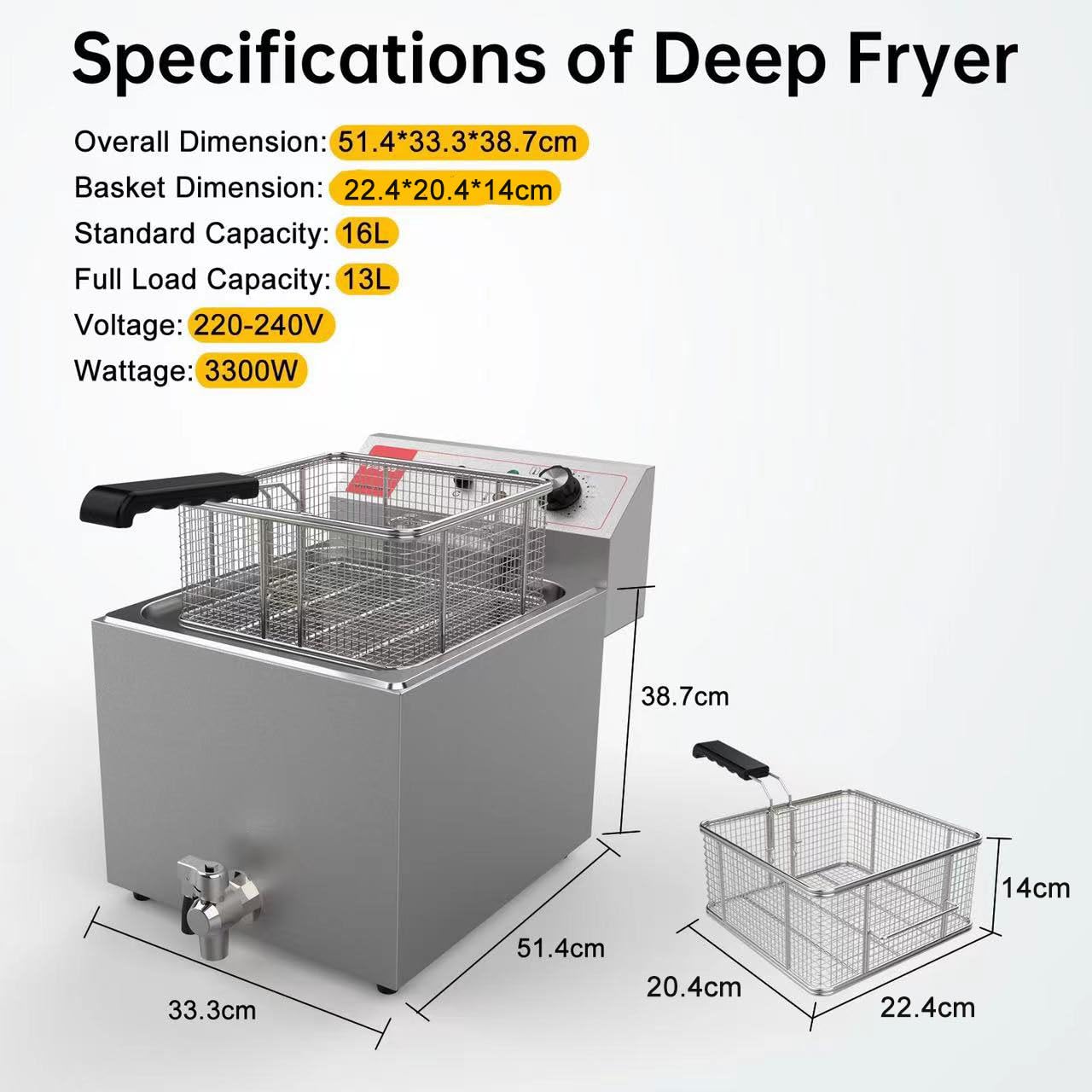 Valgus Friggitrice Elettrica Professionale in acciaio inox 3300W 16L Friggitrice da banco di grande capacità con cestello e coperchio, sistema di drenaggio