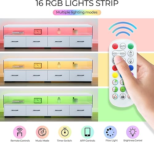 Miniatura 5 de Moderno soporte de TV de 75 pulgadas para sala de estar, centro de entretenimiento blanco con 4 cajones grandes y estantes de almacenamiento,