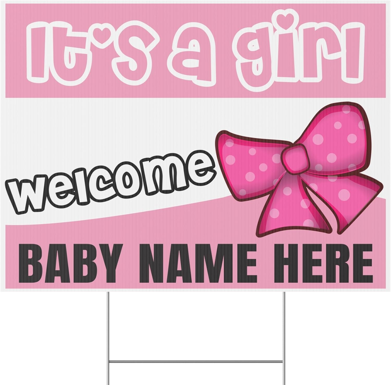 Custom Baby Girl Yard Sign – Personalized Newborn Birth Announcement Sign – Double Sided Weatherproof Outdoor Lawn Decoration with Metal H-Stake (Bow, 24x18 Inches)