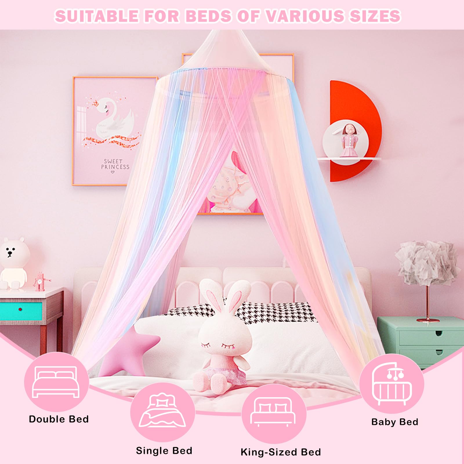 Rainbow Bed Canopy,X-Large Princess Rainbow Canopy Hanging Netting for Girls Bedroom Decor Fairy Dream Play Tent for Room,Reading Corner - Image 2