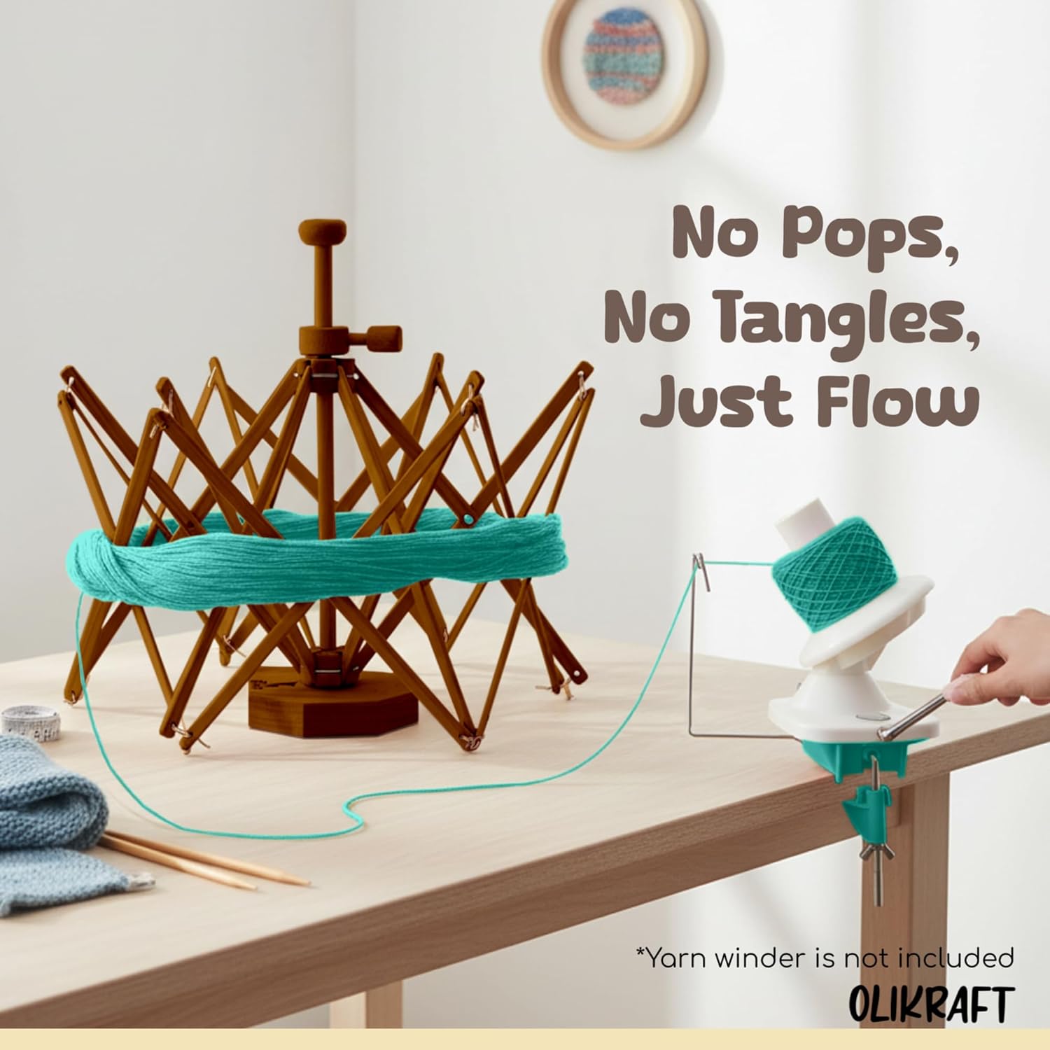 Olikraft Wooden Yarn Swift - Lightweight Reverse Yarn Umbrella Swifts, Ball Swift, Skein Winder (Brown) (Patented)