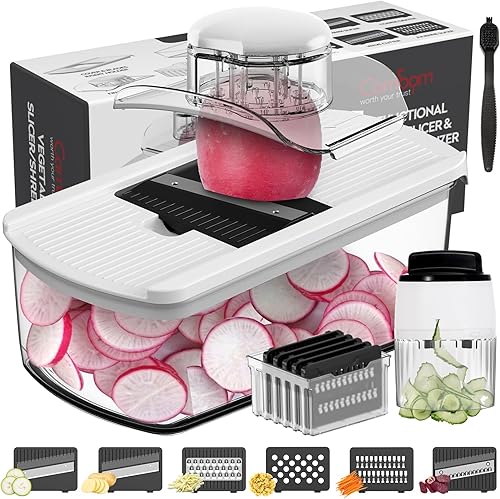 Cambom Mandoline Slicer - Cortador de verduras en espiralizador con contenedor de 2 L para papas, tomates, pepinos, zanahorias con 6 cuchillas