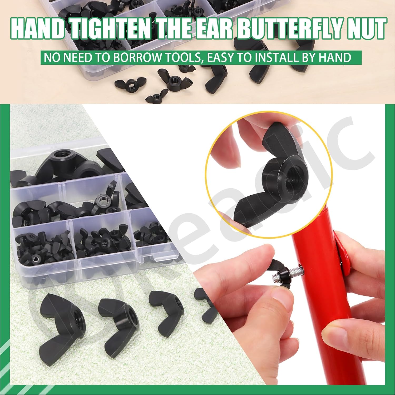 Keadic 110Pcs Nylon Metric Wing Nuts Assortment Set, M3 M4 M5 M6 M8 M10 M12 Hand Twist Tighten Ear Butterfly Nut Wingnuts for Home Building Industry (Black)