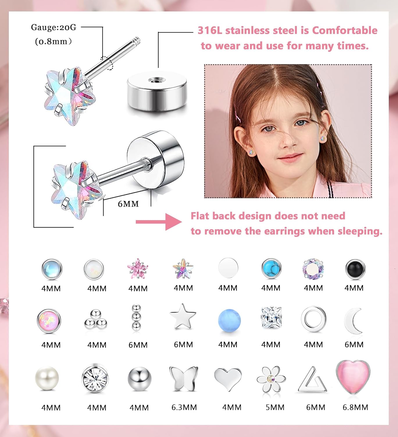 Jstyle Hypoallergenic Earrings for Girls Women Surgical Stainless Steel Earrings for Sensitive Ears Screw Back Earrings Set Cute Girls Todder Earrings Kids Earrings Jewelry for Teen Girls - Image 2