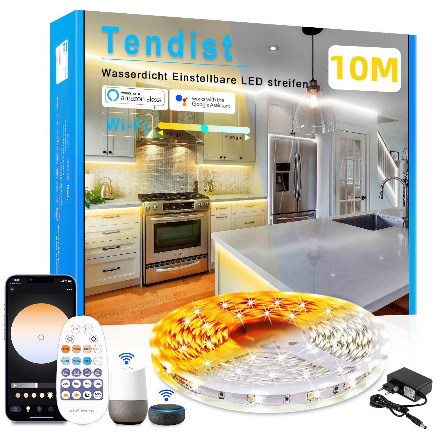 TENDIST 10M Led Streifen Warmweiss Alexa Kompatibel, 3000k Kaltweiß 6500K LED Strip Weiß Lichtband mit Fernbedienung, Dimmbar Selbstklebend Unterschrank Beleuchtung Led Strifen für Küche, Vitrinen