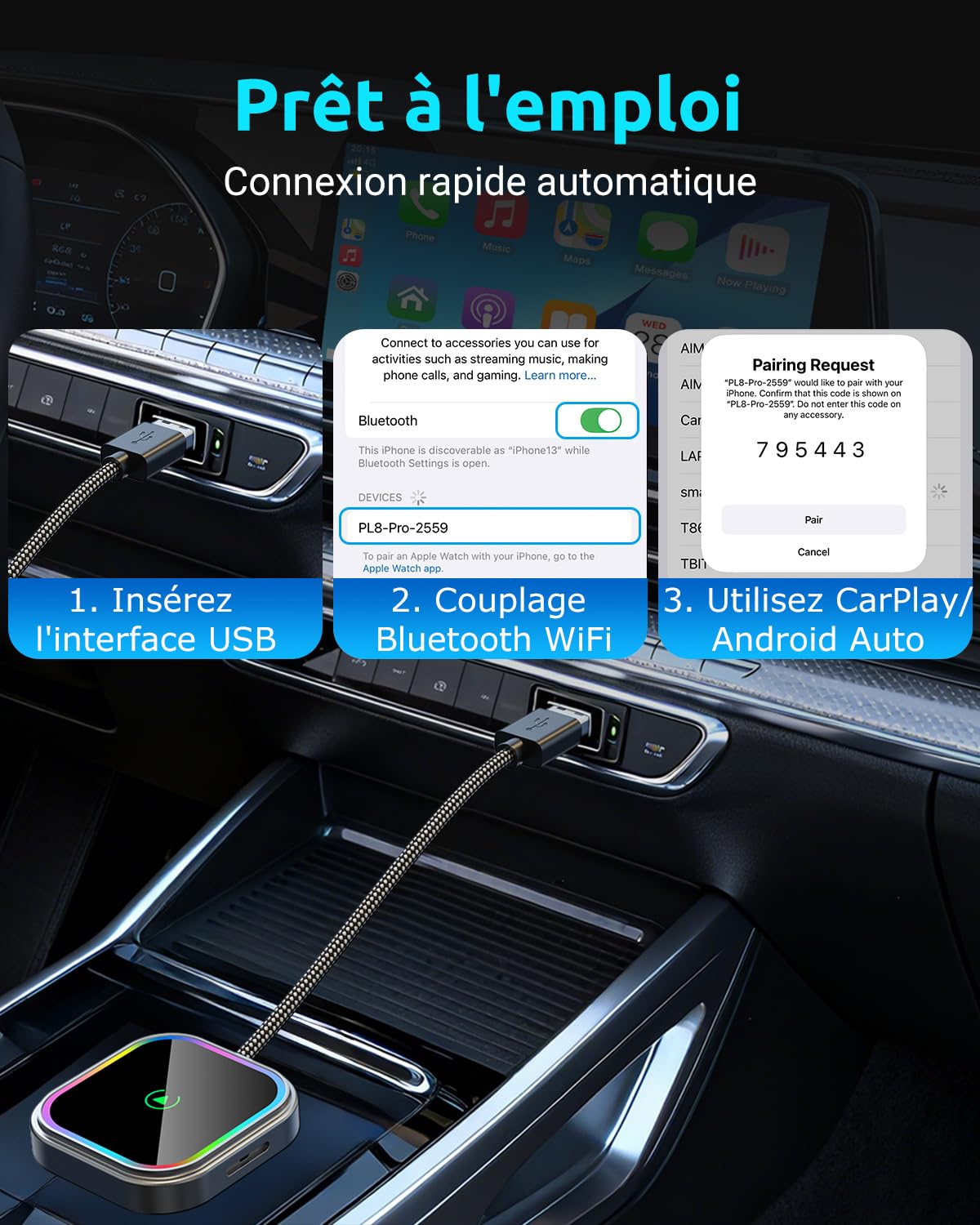 ESSGOO Mini Adaptateur sans Fil pour Apple CarPlay/Android Auto, 2 en 1 Adapter CarPlay sans Fil Bluetooth avec Prise USB A/C,Compatible avec iOS 10+ et Android 11+,RGB à Commande Vocale,Plug and Play