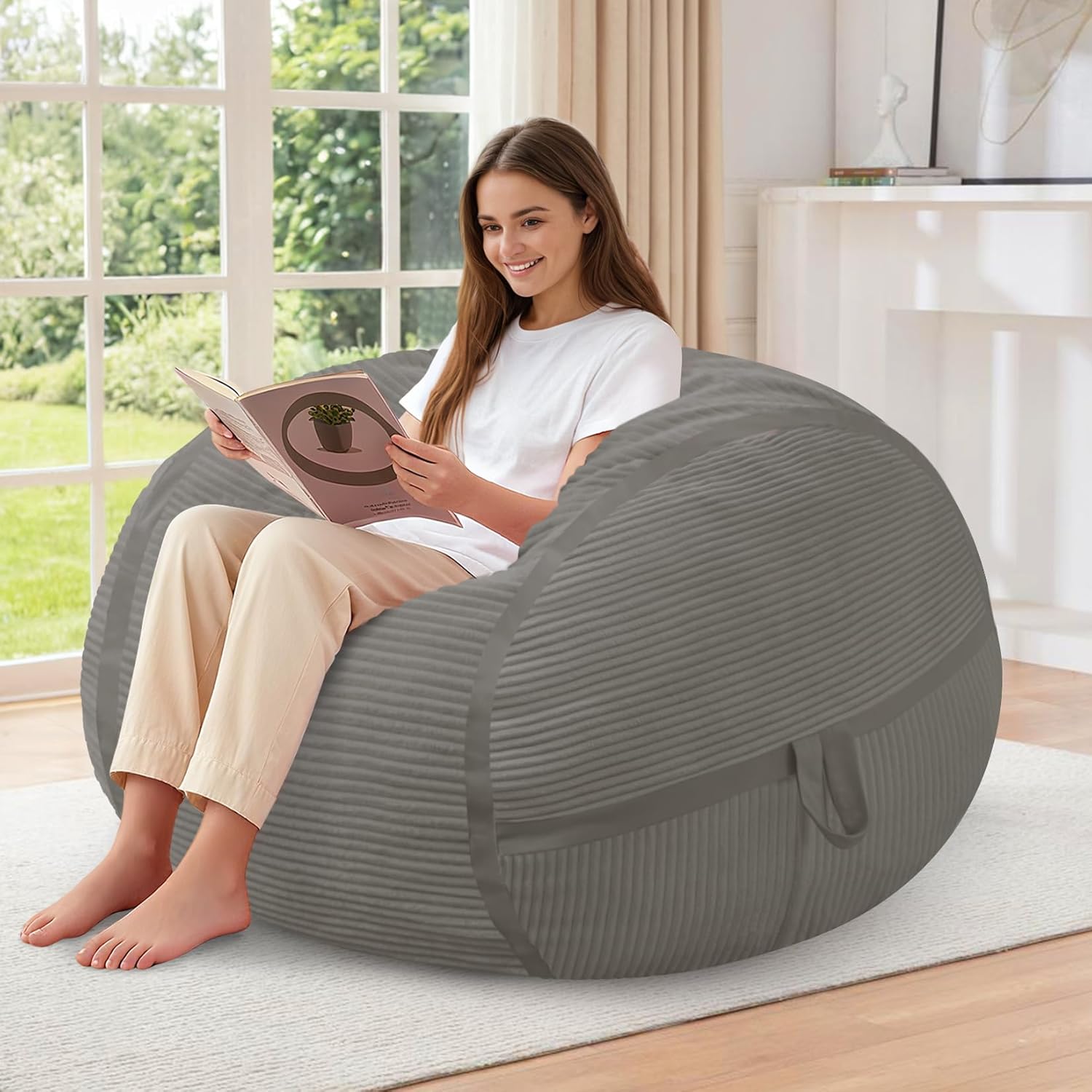 HABUTWAY Bean Bag Chair, 3FT Large Bean Bag Chair with Memory Foam, Ultra-Soft Corduroy Cover & Zipper Design, Portable Handle – Comfy Bean Bag Sofa for Living Room, Bedroom, No Assembly - Light Grey