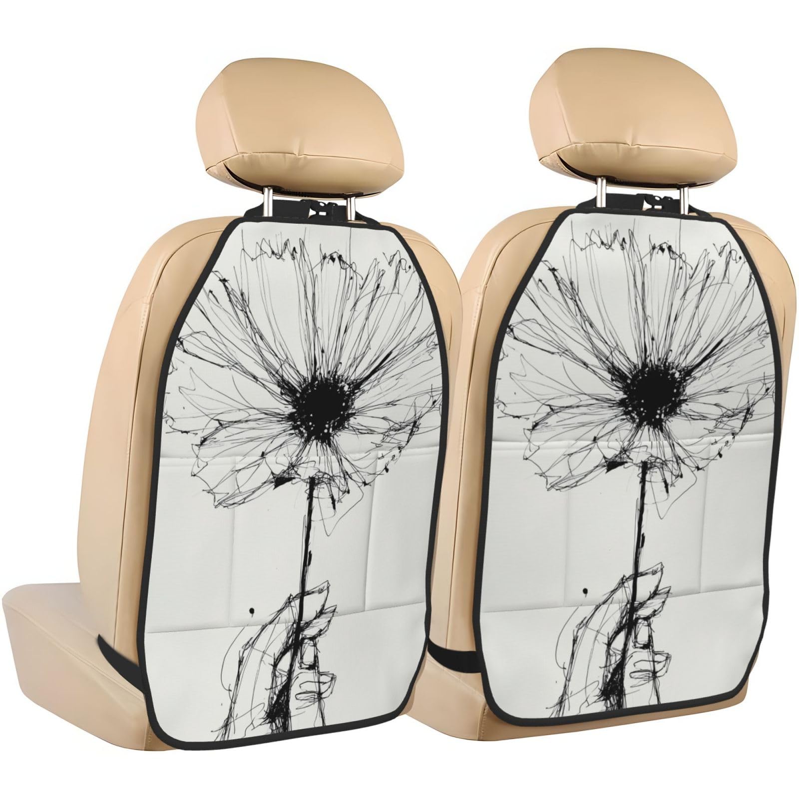 Daisy Flower Minimalistic Line Art Abstract Car Seat Back Kick Protectors,2 Pack Kick Mats With Storage Pockets For Vehicles To Protect From Dirt Mud Scratches