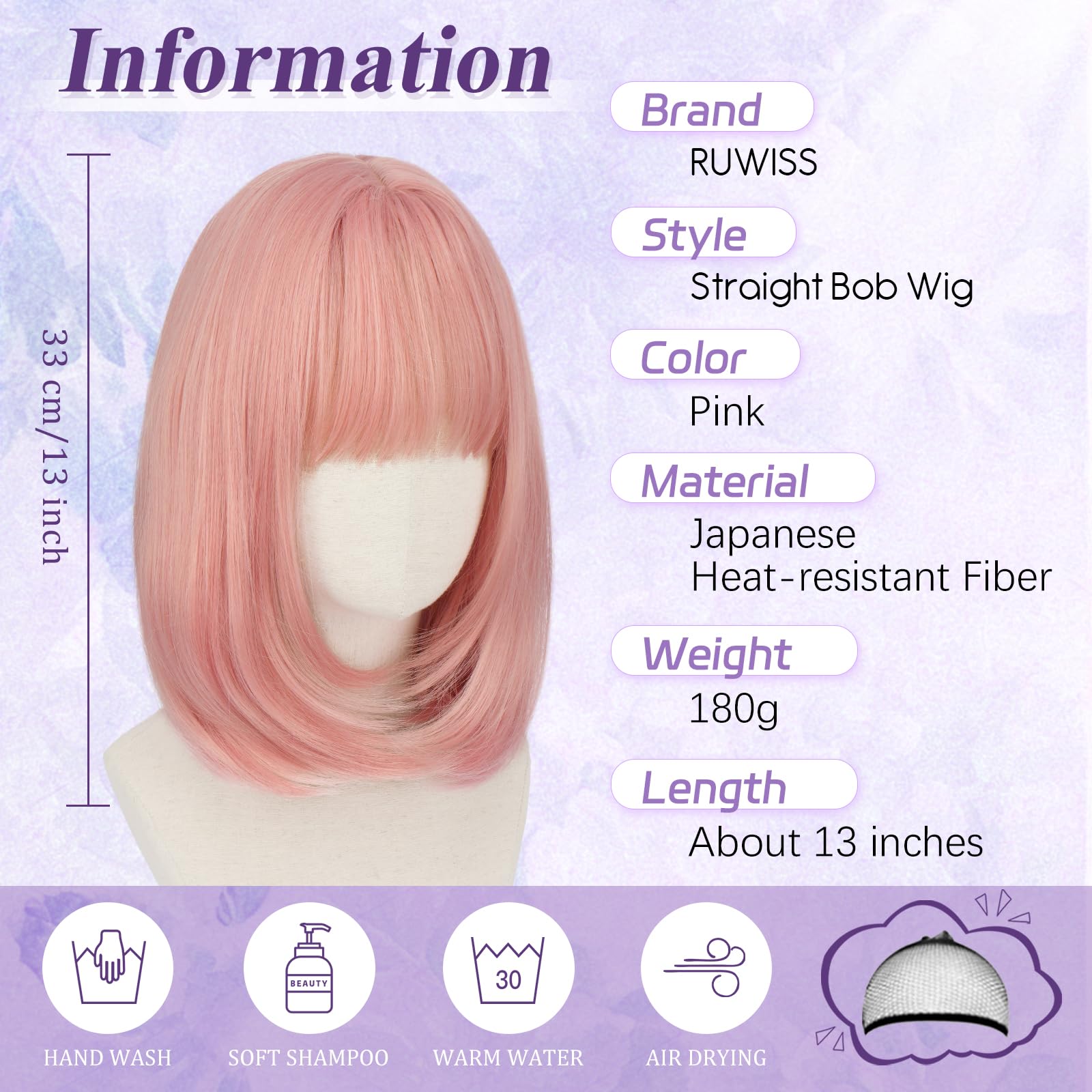 RUWISS Dritto Rosa Bob Parrucche con Frange，35cm Spalla Lunghezza Parrucca per Donna Charming Bob con Bangs Fibra Sintética Resistente per Uso