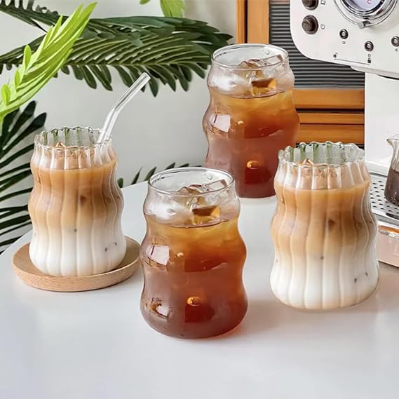 Ribbed Glassware Set- 4 Pack- Iced Coffee Cups- Bubble Glasses Drinking Set for Hot or Cold Beverages, Ribbed Glass Cups- Aesthetic Cups- Cute Glass Cups- Modern Borosilicate18oz.