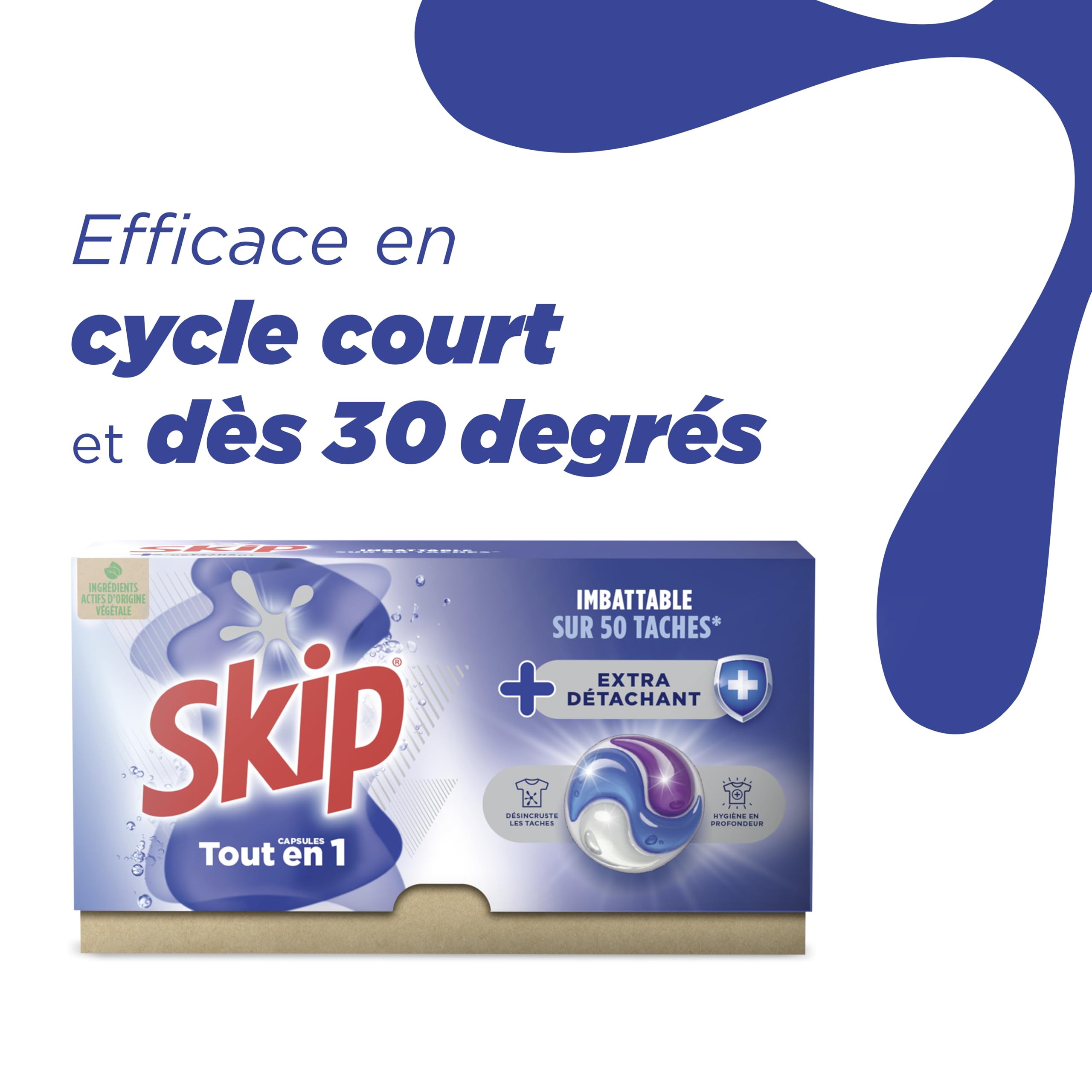 Skip Capsules Lessive Tout en 1 Extra Détachant, 72 Lavages | Élimine 50 taches tenaces, efficace en cycle court et à froid, formule concentrée pour un linge propre