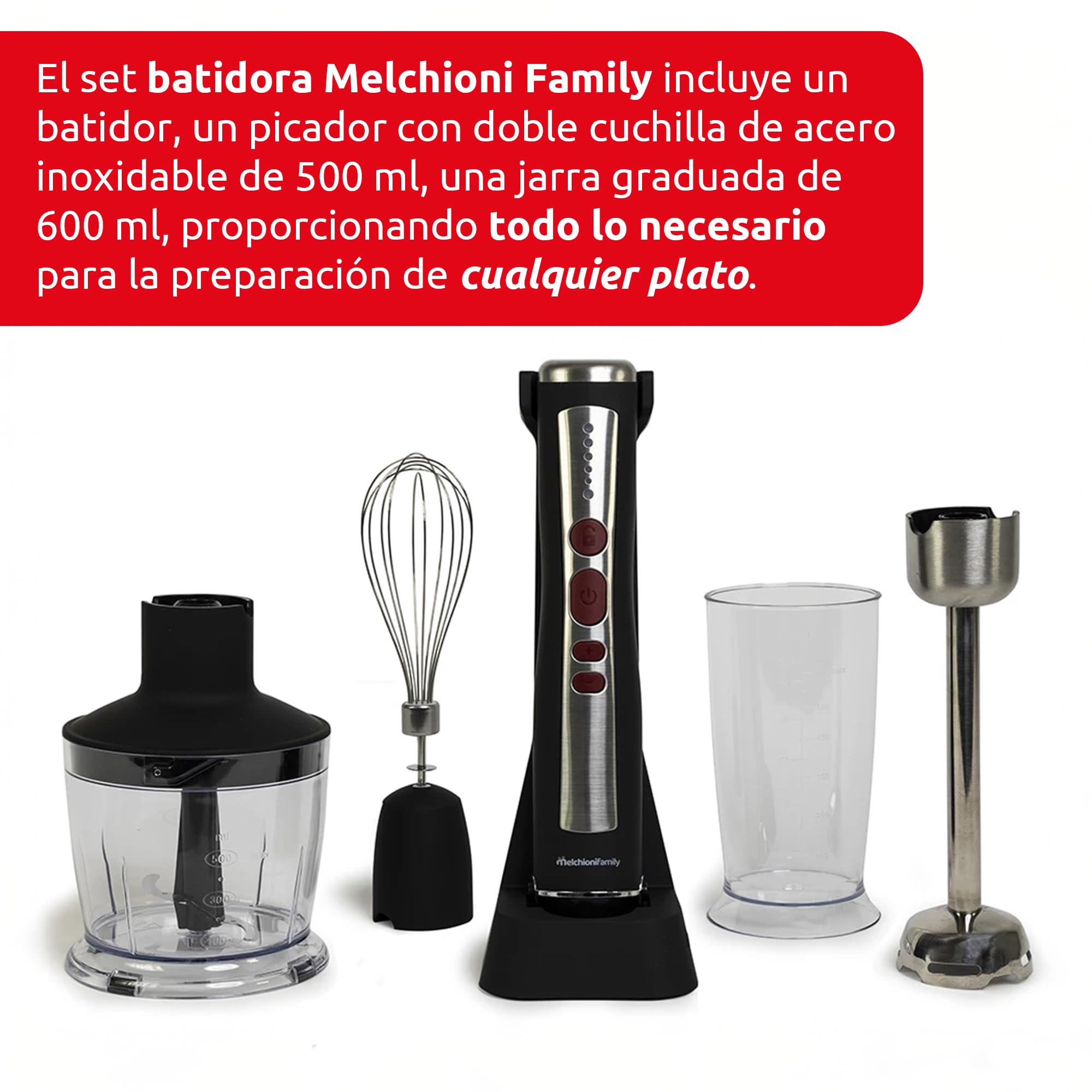 Melchioni Family | Batidora de Mano Inalámbrica Recargable ZOE, Set con Batidor, Minipimer, Licuadora y Vaso Graduado de 600 ml, Color Negro