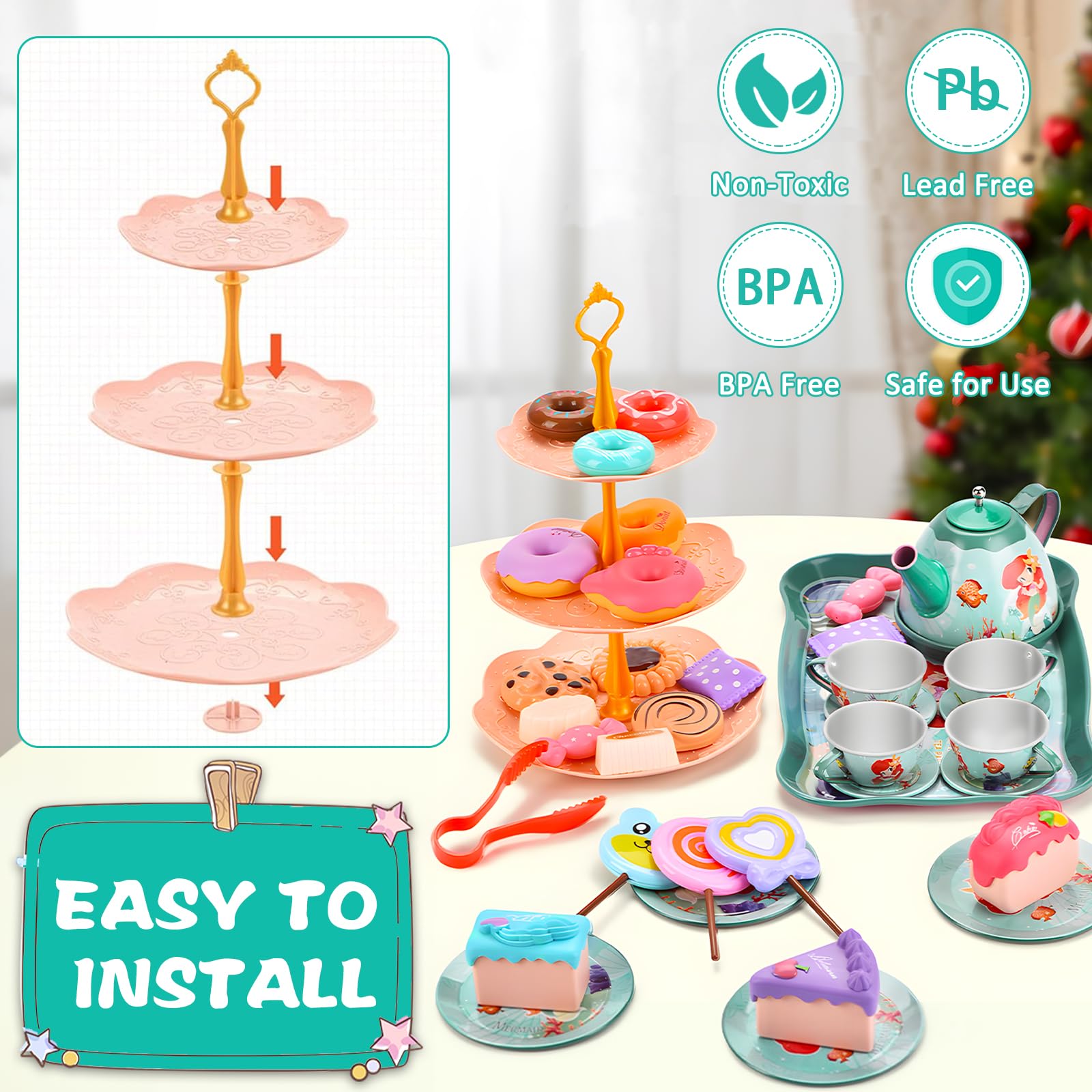 48 PCS Set da Tè per Bambini,Giocattoli Sirena di Latta Tea Party Finta di Giocare con Dessert Donut,Tea Party Finta di Giocare Sirena Compleanno Regalo per Bambina 3 4 5 6 7 Anni
