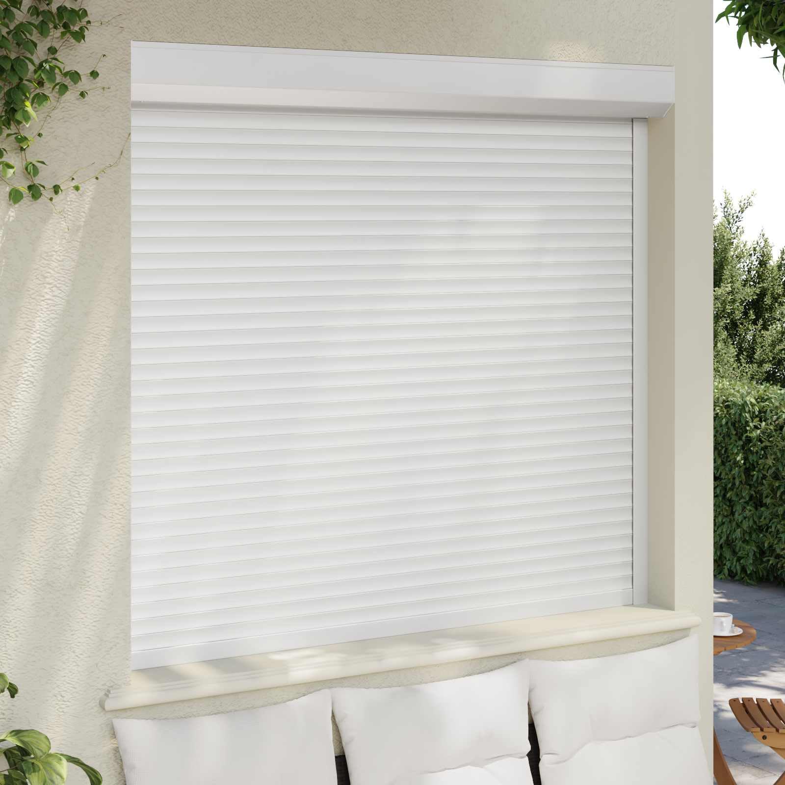 Volet roulant blanc 160 x 150 cm en aluminium et polyuréthane pour fenêtre extérieure avec brise-vue et protection contre les intempéries, kit avec boîte de volet roulant, rail de guidage