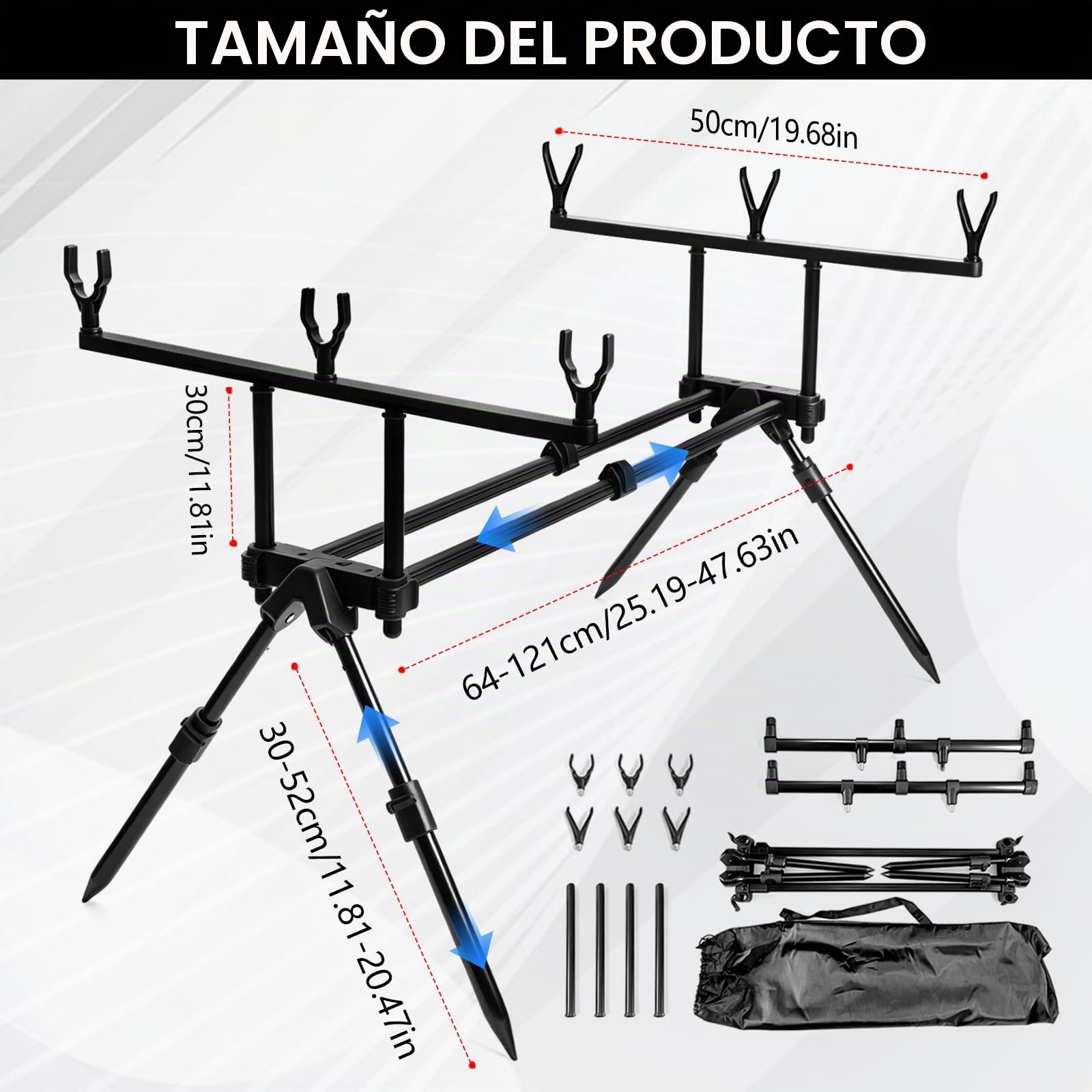 Soporte para Cañas de Pescar, 64-121cm Portacañas de Tres Cabezales Extensible Estante de Cañas de Pescar con Bolsa de Transporte y 6 Cabezales de Apoyo para Cañas para Pesca de Carpas Desde la Orilla