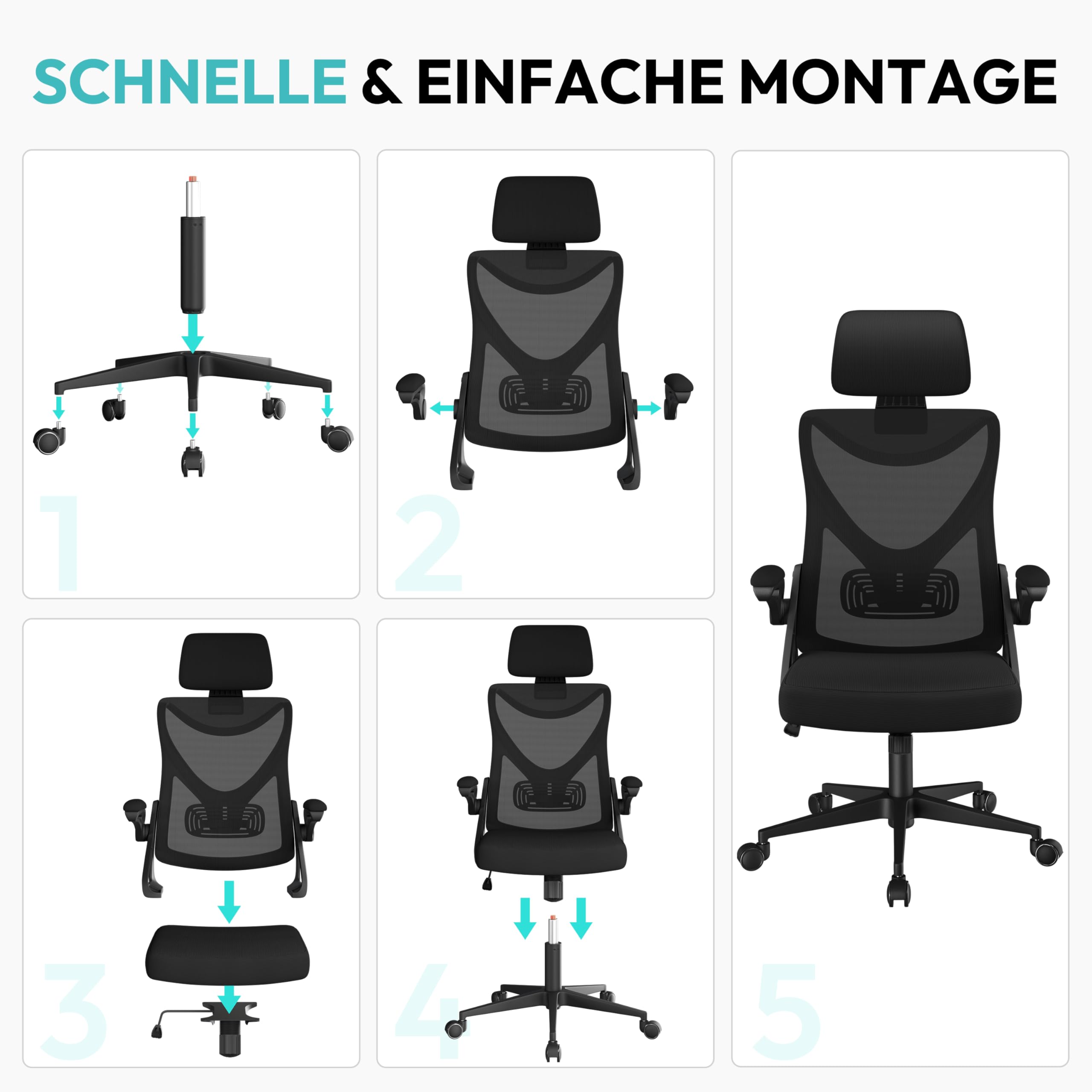 Yaheetech Bürostuhl Ergonomisch, Schreibtischstuhl mit Hochklappbaren Armlehnen, Drehstuhl mit Rückenlehne und Verstellbarer Kopfstütze, Chefsessel Wippfunktion, bis 150 kg Belastbar Schwarz