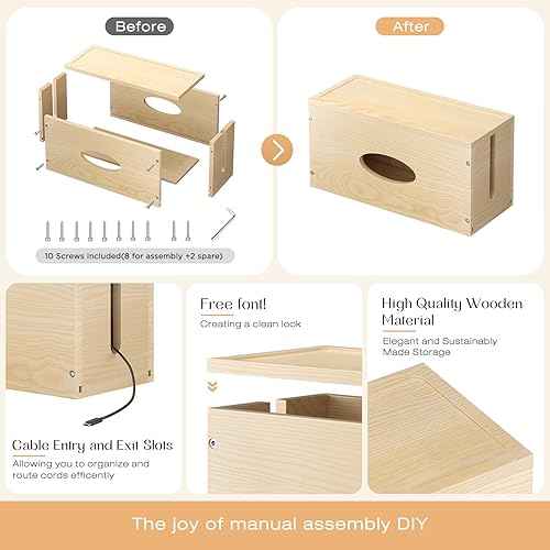 Miniatura 3 de Paquete de 2 cajas grandes de madera de pino, organizador de cables, cubierta organizadora de cables, ocultadores de salida de piso para cables de