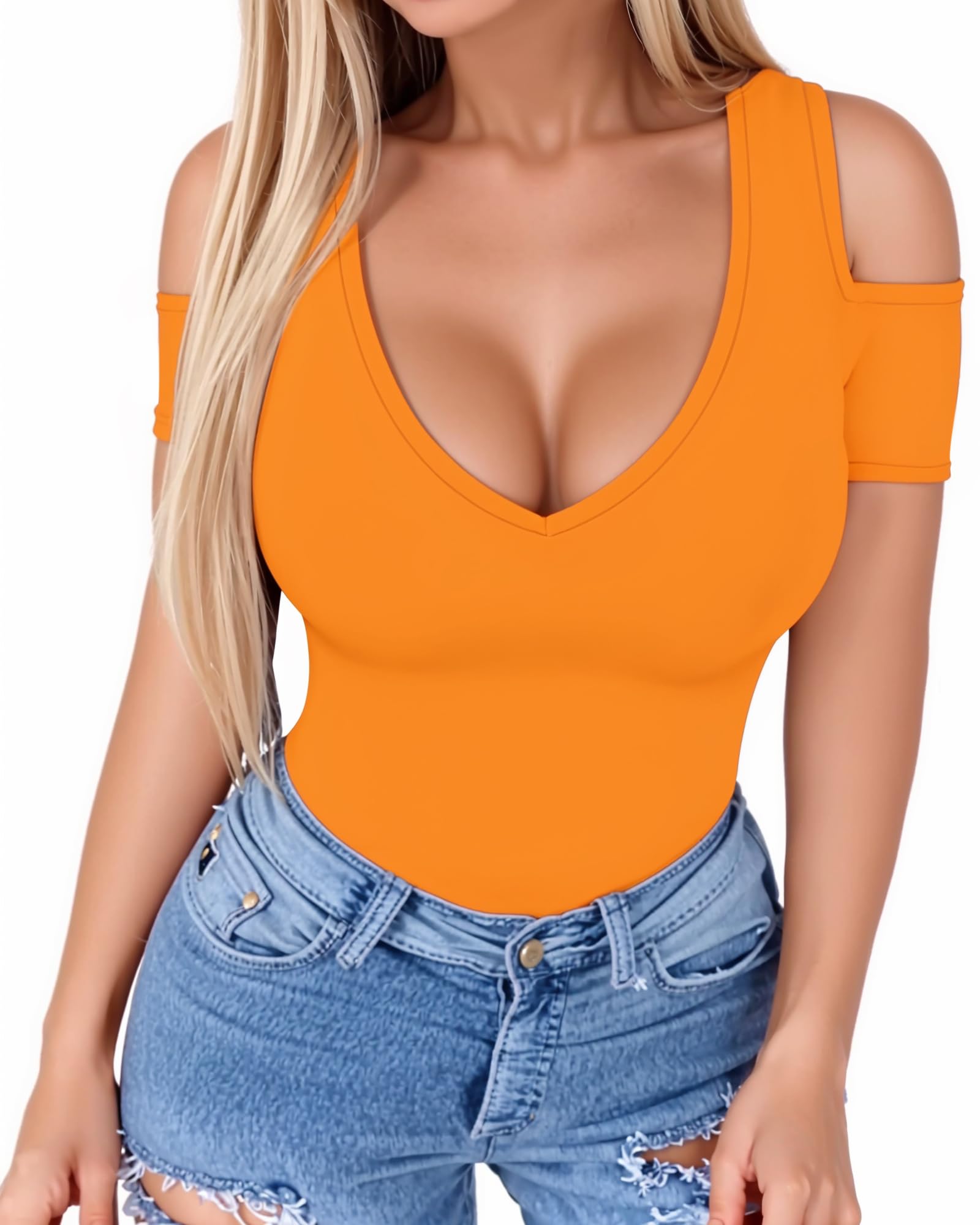 HERLOLLYCHIPS Women Tops Summer Deep V Neck Short Sleeve Cold Shoulder Slim Fit Casual Sexy Tees T-Shirts