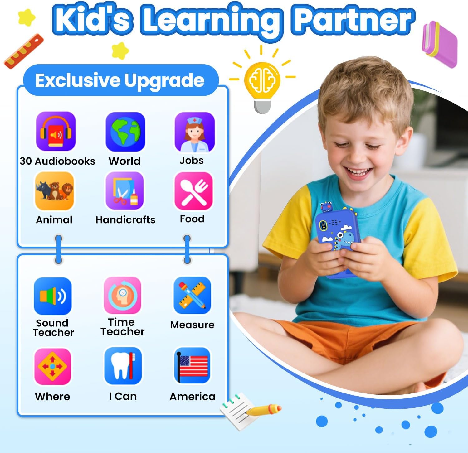 Kids Smart Phone for Boys Ages 3-8, Toy Cell Phone for Kids, Christmas Birthday Gifts for Boys, Toddler Learning Play Toy Phone with Touchscreen, Dual Camera, Game, Music, Storybook, 8GB SD Card(Blue)