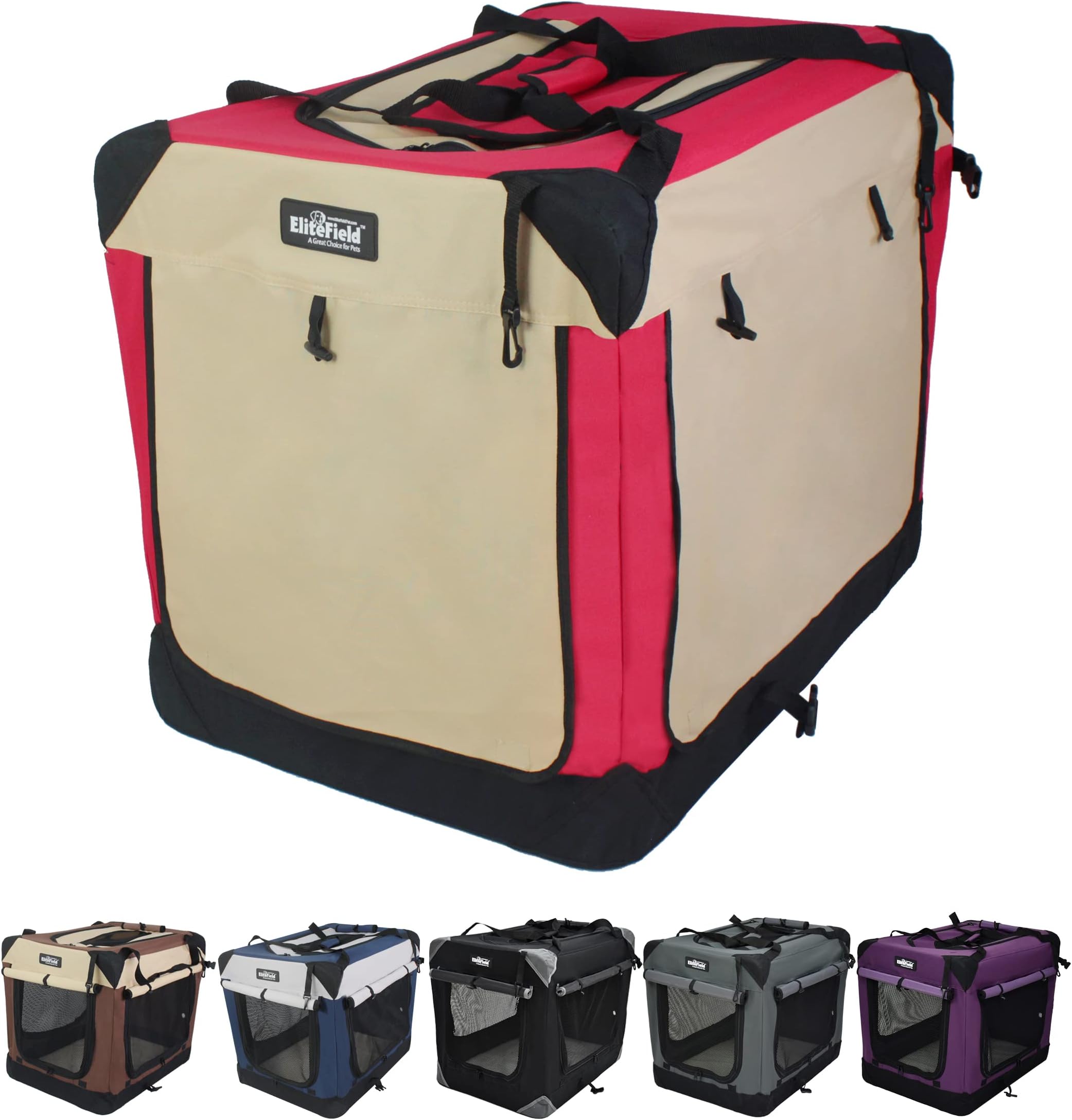 EliteField 3-Door Folding Soft Dog Crate, Indoor & Outdoor Pet Home, Multiple Sizes and Colors Available (24" L x 18" W x 21" H, Red+Beige)